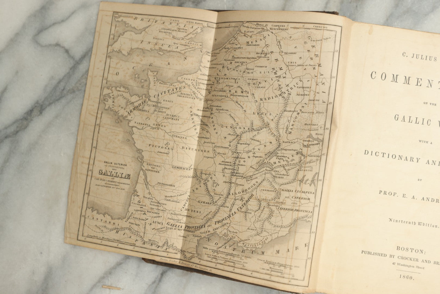 Lot 141 - "Commentaries On The Gallic War" Antique Latin Book By Julius Caesar, With Dictionary And Notes In English By Prof. E.A. Andrews, Published By Crocker And Brewster, Boston, 1860, With Fold-Out Map Of France (Galliae), Embossed Design On Covers