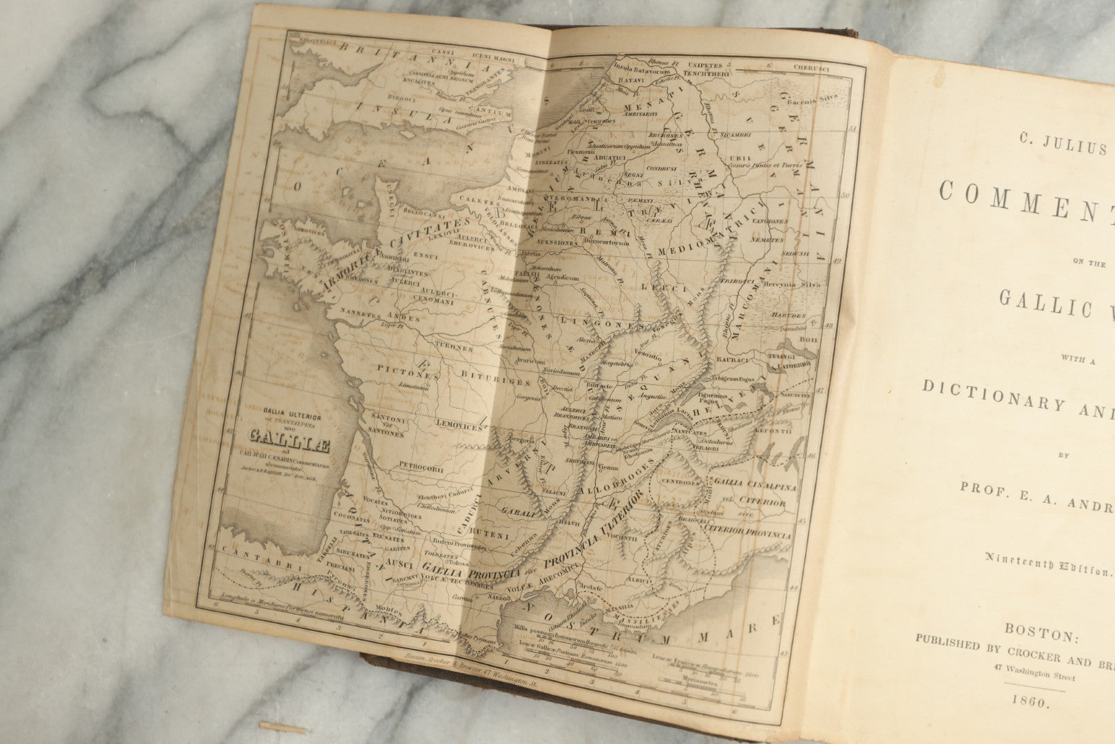 Lot 141 - "Commentaries On The Gallic War" Antique Latin Book By Julius Caesar, With Dictionary And Notes In English By Prof. E.A. Andrews, Published By Crocker And Brewster, Boston, 1860, With Fold-Out Map Of France (Galliae), Embossed Design On Covers