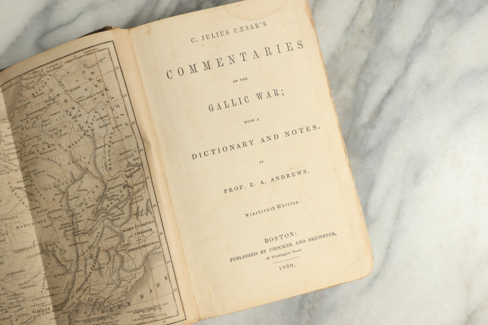 Lot 141 - "Commentaries On The Gallic War" Antique Latin Book By Julius Caesar, With Dictionary And Notes In English By Prof. E.A. Andrews, Published By Crocker And Brewster, Boston, 1860, With Fold-Out Map Of France (Galliae), Embossed Design On Covers