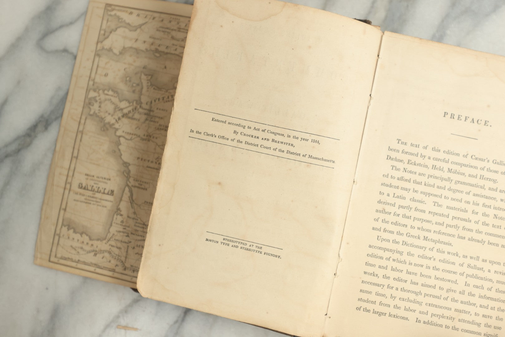 Lot 141 - "Commentaries On The Gallic War" Antique Latin Book By Julius Caesar, With Dictionary And Notes In English By Prof. E.A. Andrews, Published By Crocker And Brewster, Boston, 1860, With Fold-Out Map Of France (Galliae), Embossed Design On Covers