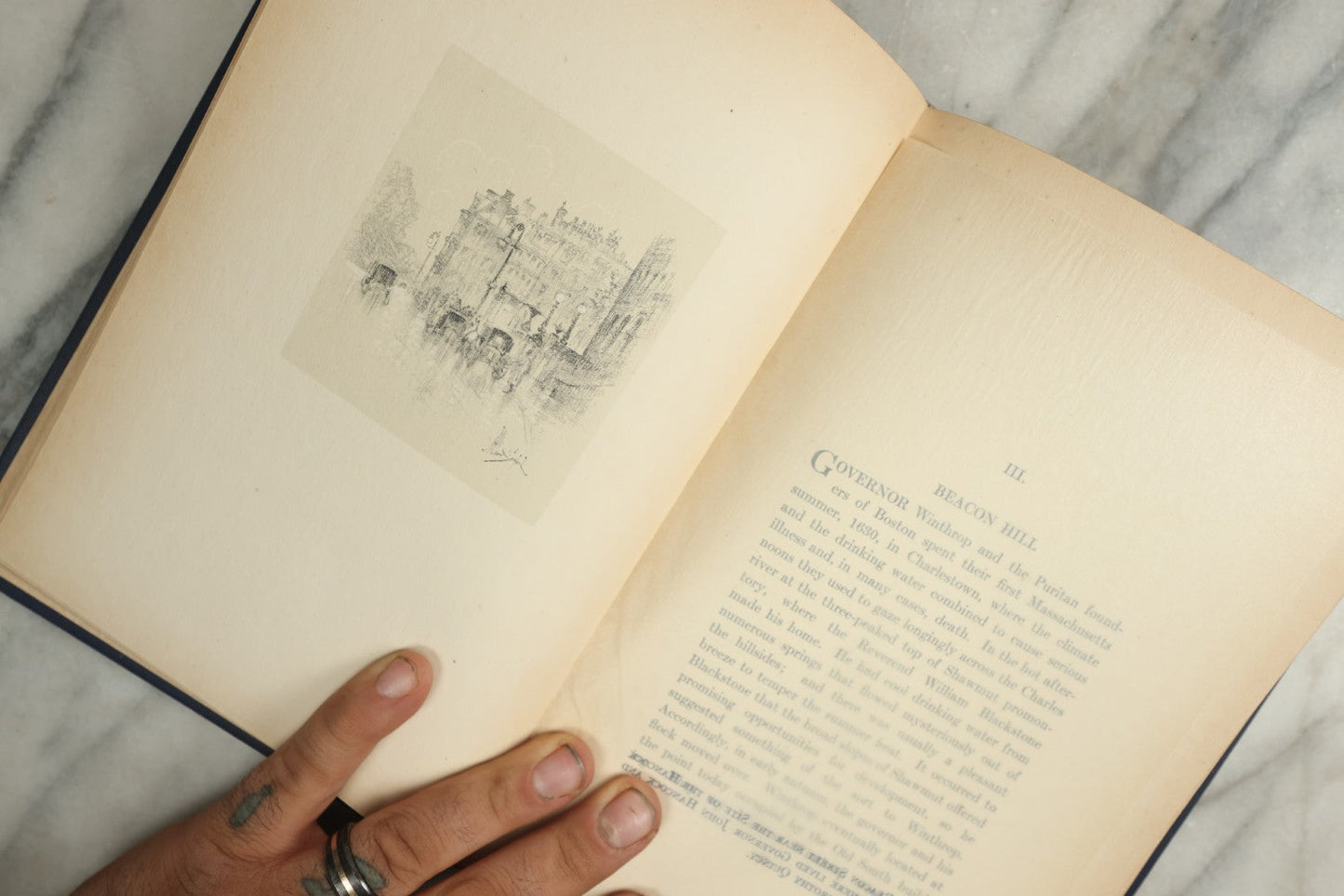 Lot 147 - "Random Notes Of Boston" Antique Illustrated Book By Henry P. Dowst, Drawings By John Albert Seaford, Published By H.B. Humphrey Company, Boston, 1913, Embossed Gilt Frame Design On Cover