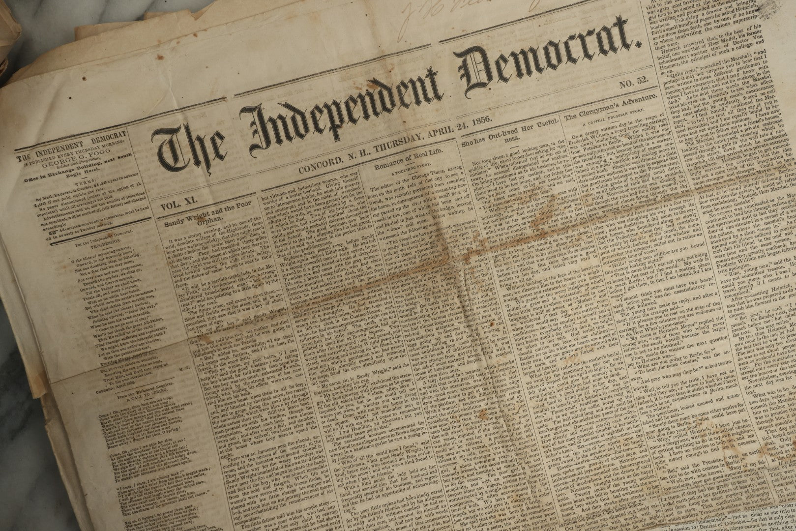 Lot 150 - Grouping Of 21 Antique Newspapers “The Independent Democrat,” Concord, New Hampshire, 1856, January–December