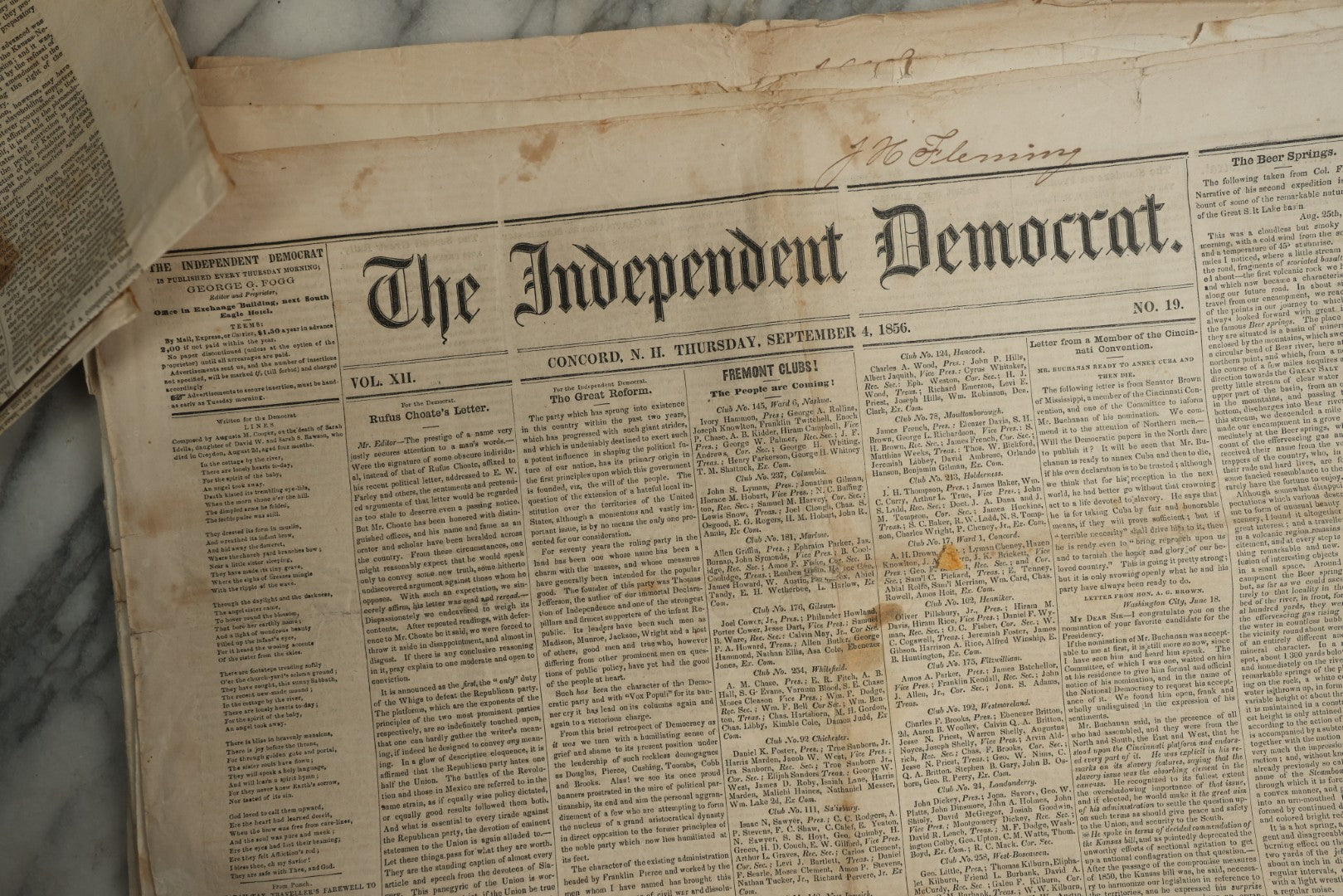 Lot 150 - Grouping Of 21 Antique Newspapers “The Independent Democrat,” Concord, New Hampshire, 1856, January–December