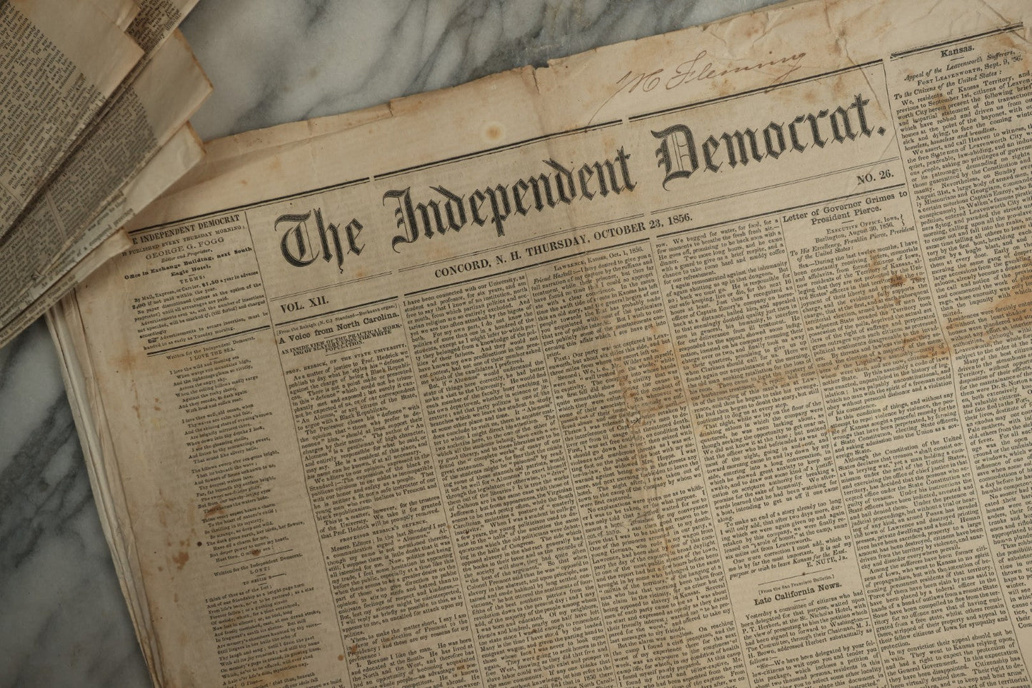 Lot 150 - Grouping Of 21 Antique Newspapers “The Independent Democrat,” Concord, New Hampshire, 1856, January–December