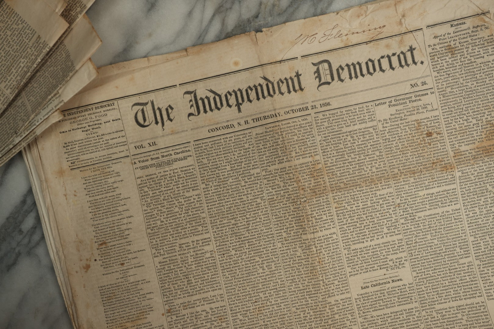 Lot 150 - Grouping Of 21 Antique Newspapers “The Independent Democrat,” Concord, New Hampshire, 1856, January–December