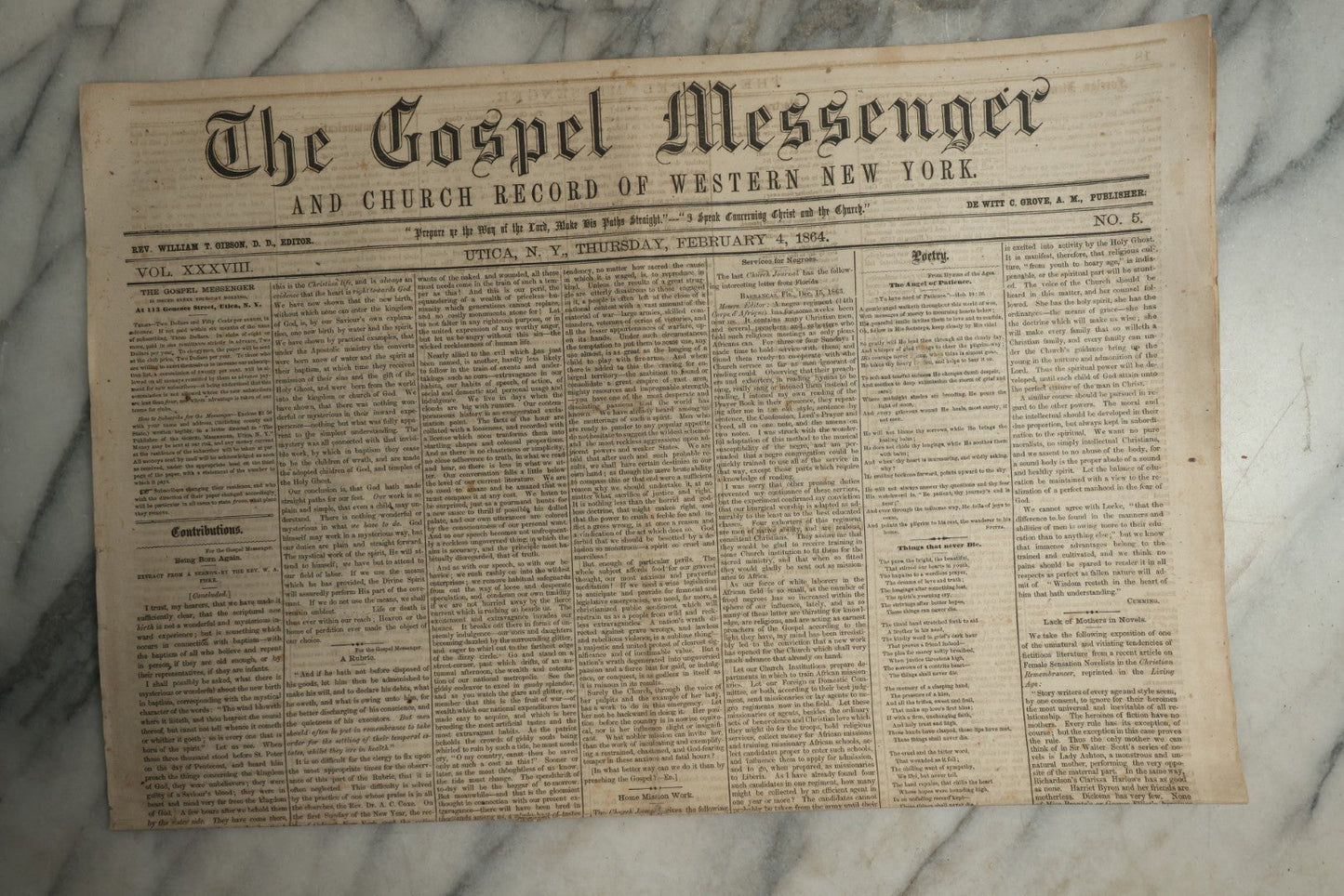 Lot 151 - Grouping Of Four Antique Newspapers “The Gospel Messenger And Church Record Of Western New York,” Utica, New York, January–February 1864