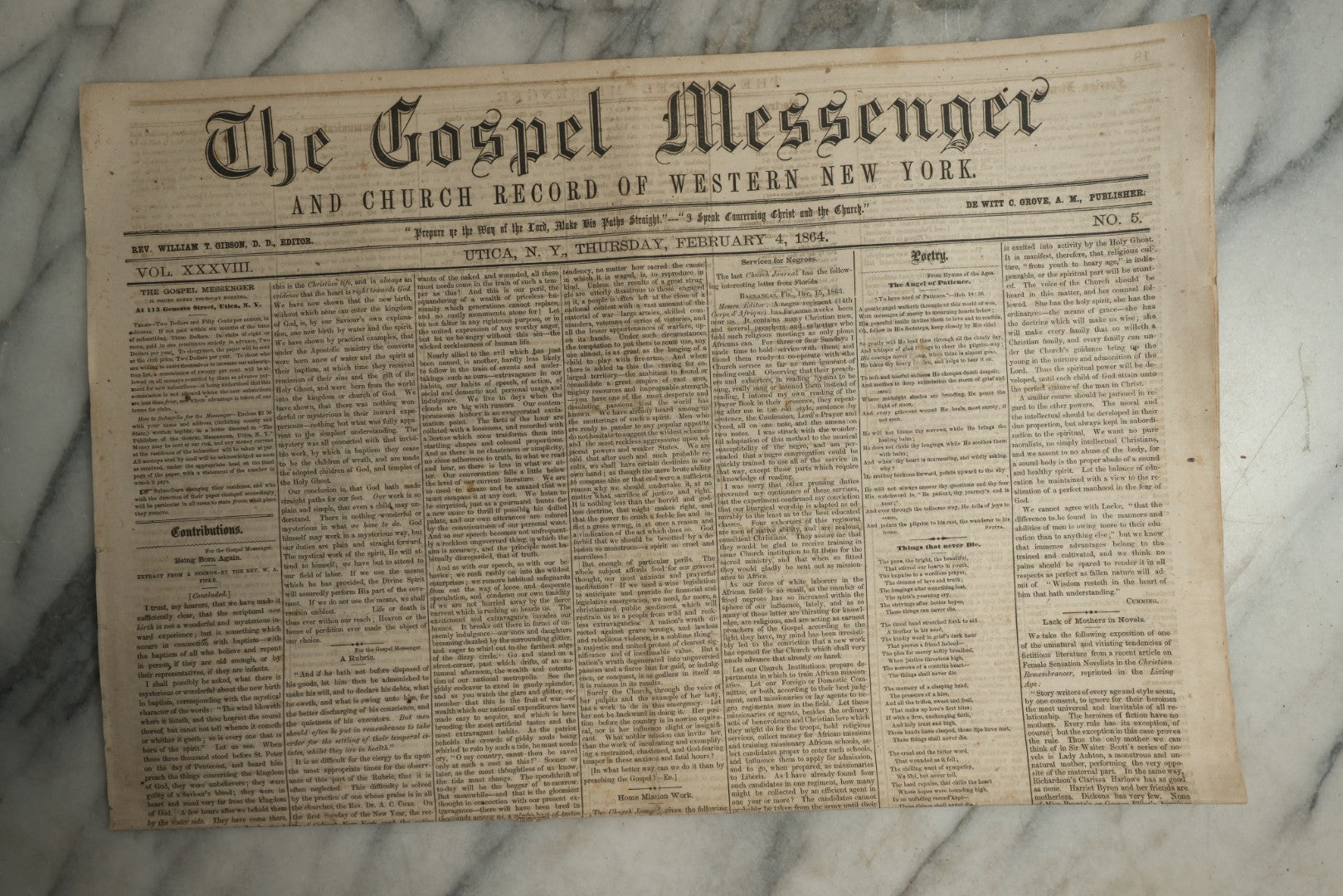 Lot 151 - Grouping Of Four Antique Newspapers “The Gospel Messenger And Church Record Of Western New York,” Utica, New York, January–February 1864
