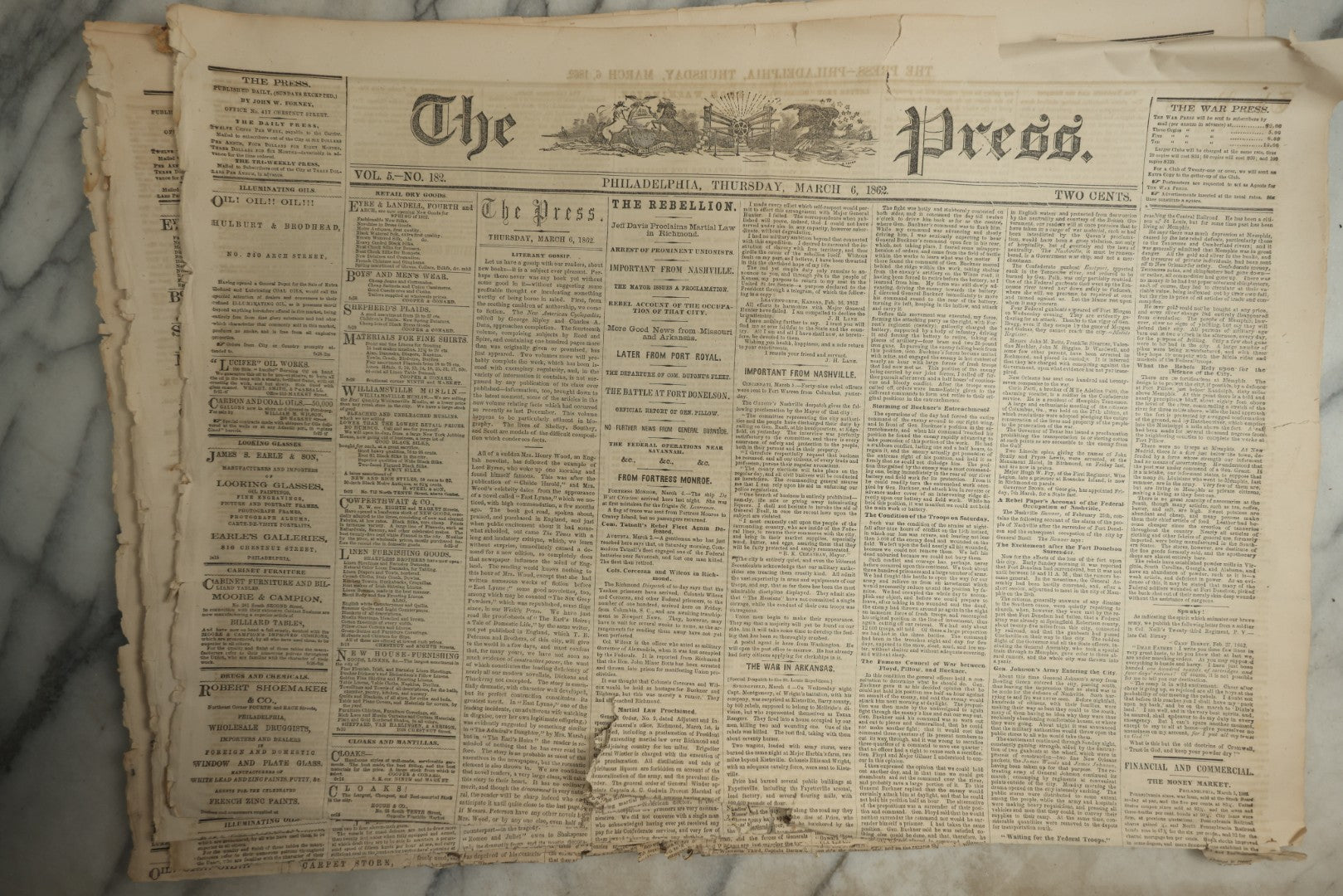 Lot 152 - Grouping Of Five Antique Civil War Era Newspapers “The Press,” Philadelphia, March 1862, With Reports On Rebel Retreat From Manassas, Occupation Of Winchester, Ironclad Steamers, General Burnside, And More