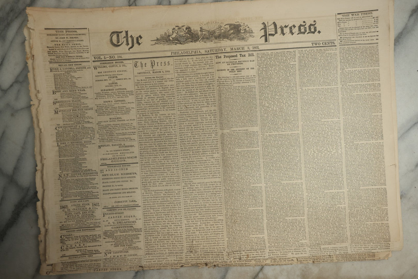 Lot 152 - Grouping Of Five Antique Civil War Era Newspapers “The Press,” Philadelphia, March 1862, With Reports On Rebel Retreat From Manassas, Occupation Of Winchester, Ironclad Steamers, General Burnside, And More