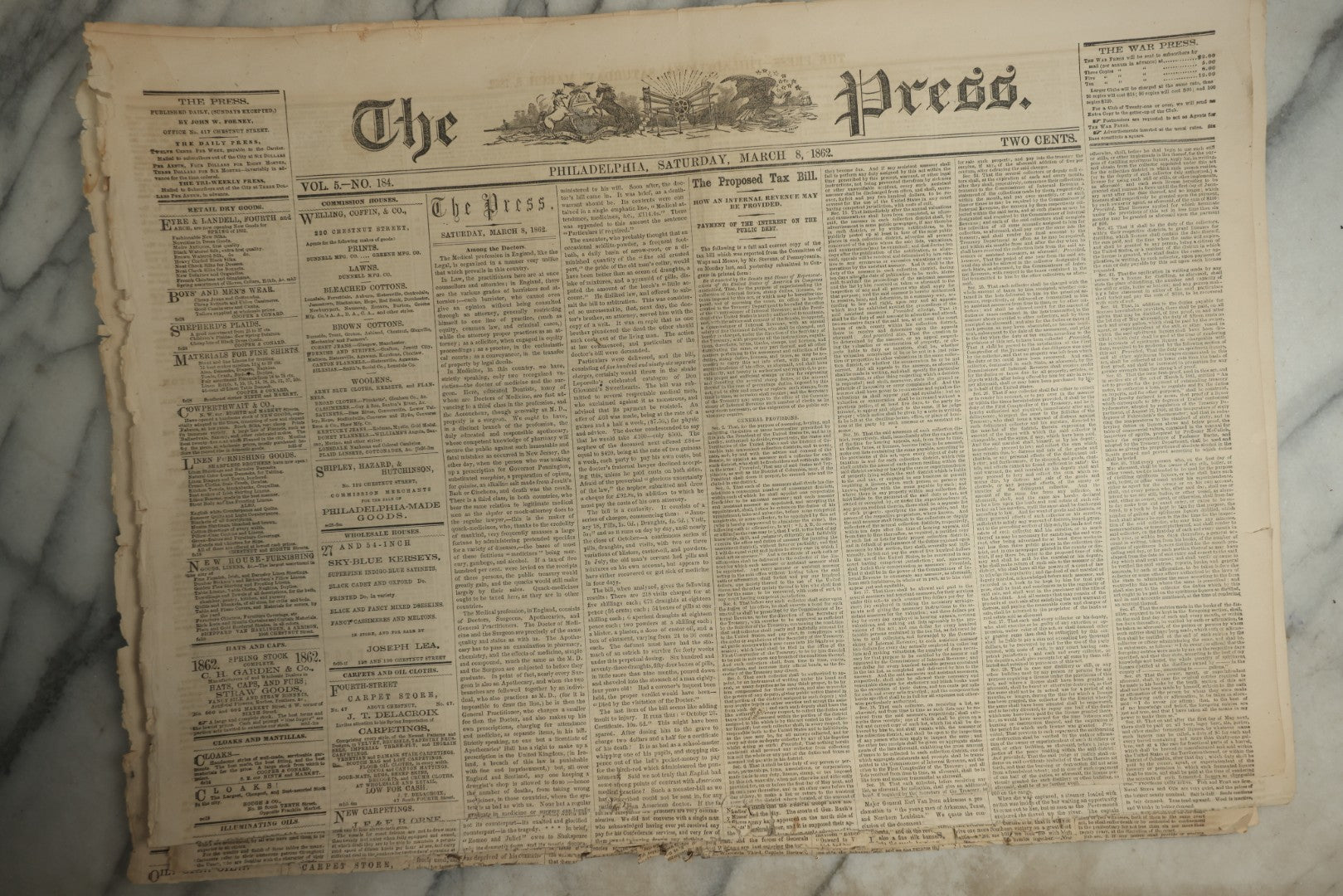 Lot 152 - Grouping Of Five Antique Civil War Era Newspapers “The Press,” Philadelphia, March 1862, With Reports On Rebel Retreat From Manassas, Occupation Of Winchester, Ironclad Steamers, General Burnside, And More