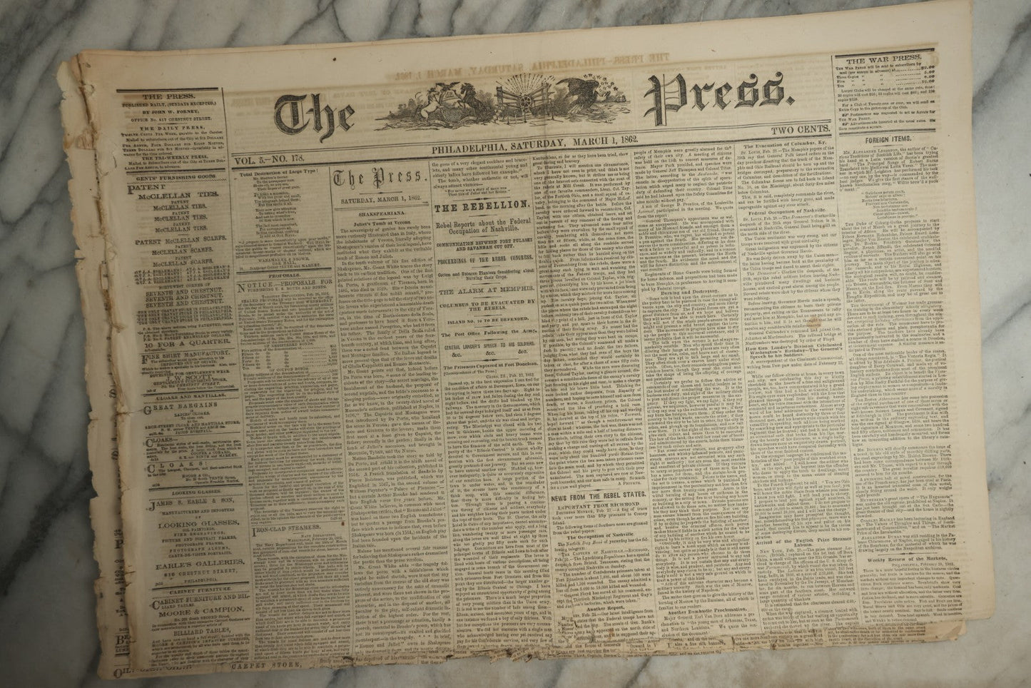 Lot 152 - Grouping Of Five Antique Civil War Era Newspapers “The Press,” Philadelphia, March 1862, With Reports On Rebel Retreat From Manassas, Occupation Of Winchester, Ironclad Steamers, General Burnside, And More