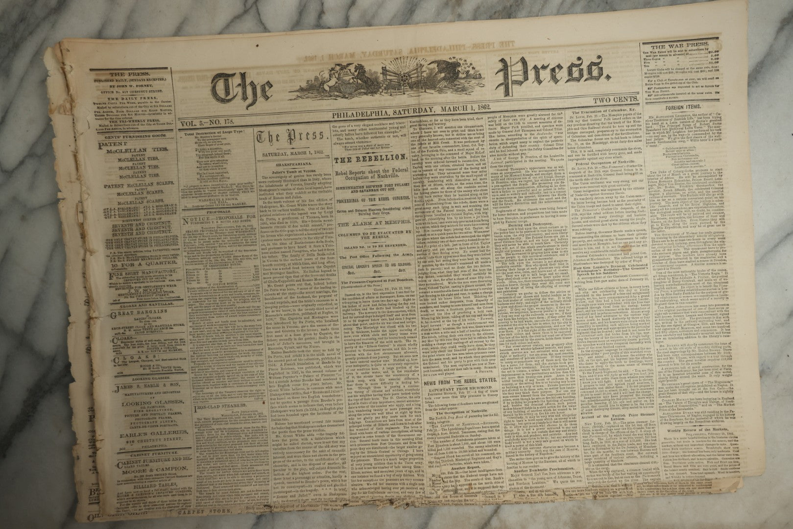 Lot 152 - Grouping Of Five Antique Civil War Era Newspapers “The Press,” Philadelphia, March 1862, With Reports On Rebel Retreat From Manassas, Occupation Of Winchester, Ironclad Steamers, General Burnside, And More