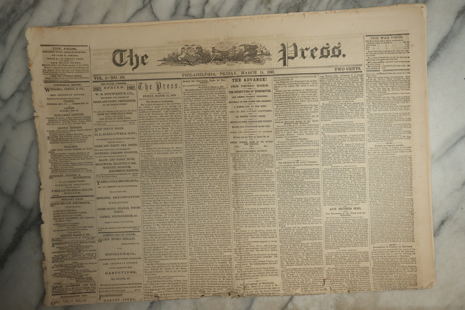 Lot 152 - Grouping Of Five Antique Civil War Era Newspapers “The Press,” Philadelphia, March 1862, With Reports On Rebel Retreat From Manassas, Occupation Of Winchester, Ironclad Steamers, General Burnside, And More
