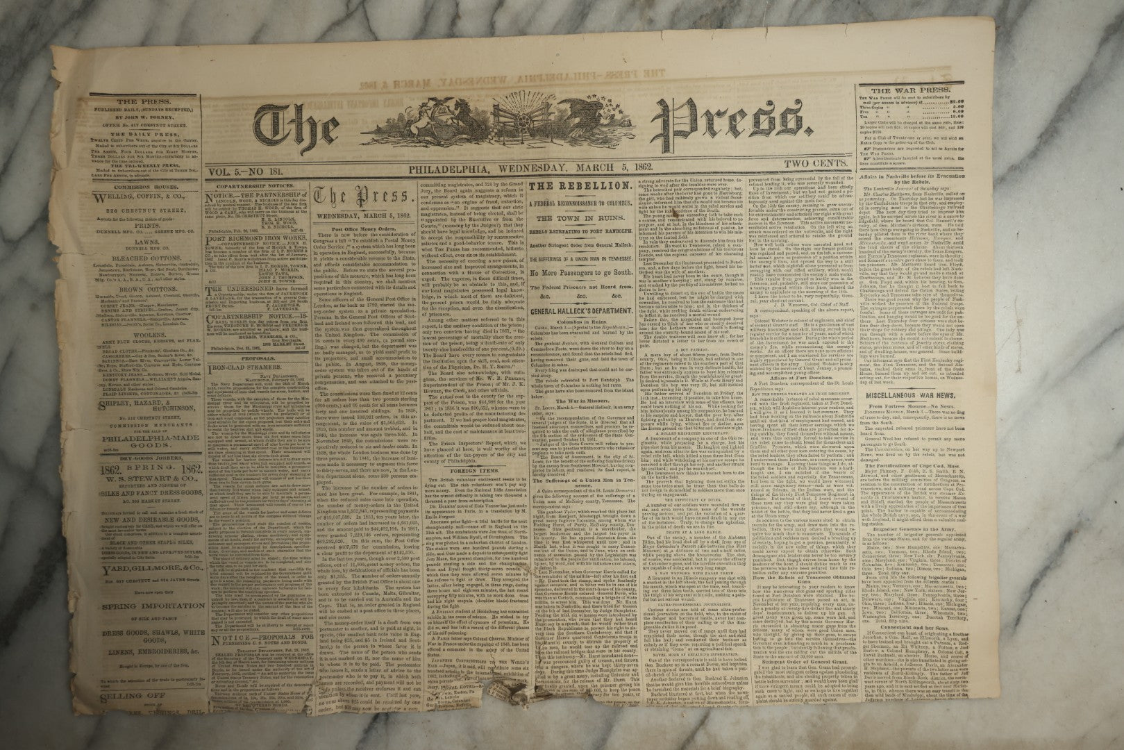 Lot 152 - Grouping Of Five Antique Civil War Era Newspapers “The Press,” Philadelphia, March 1862, With Reports On Rebel Retreat From Manassas, Occupation Of Winchester, Ironclad Steamers, General Burnside, And More
