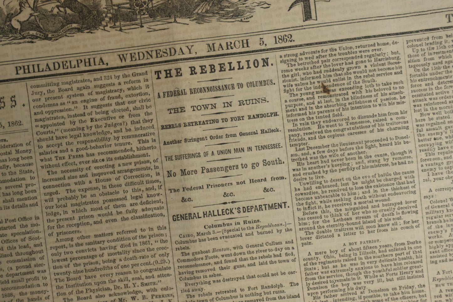 Lot 152 - Grouping Of Five Antique Civil War Era Newspapers “The Press,” Philadelphia, March 1862, With Reports On Rebel Retreat From Manassas, Occupation Of Winchester, Ironclad Steamers, General Burnside, And More