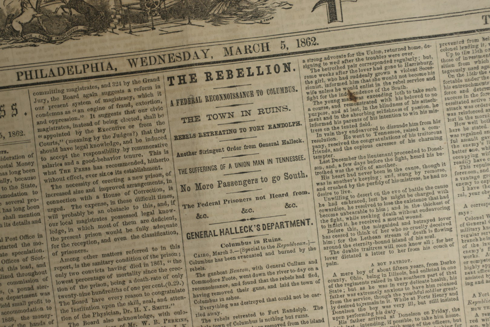Lot 152 - Grouping Of Five Antique Civil War Era Newspapers “The Press,” Philadelphia, March 1862, With Reports On Rebel Retreat From Manassas, Occupation Of Winchester, Ironclad Steamers, General Burnside, And More