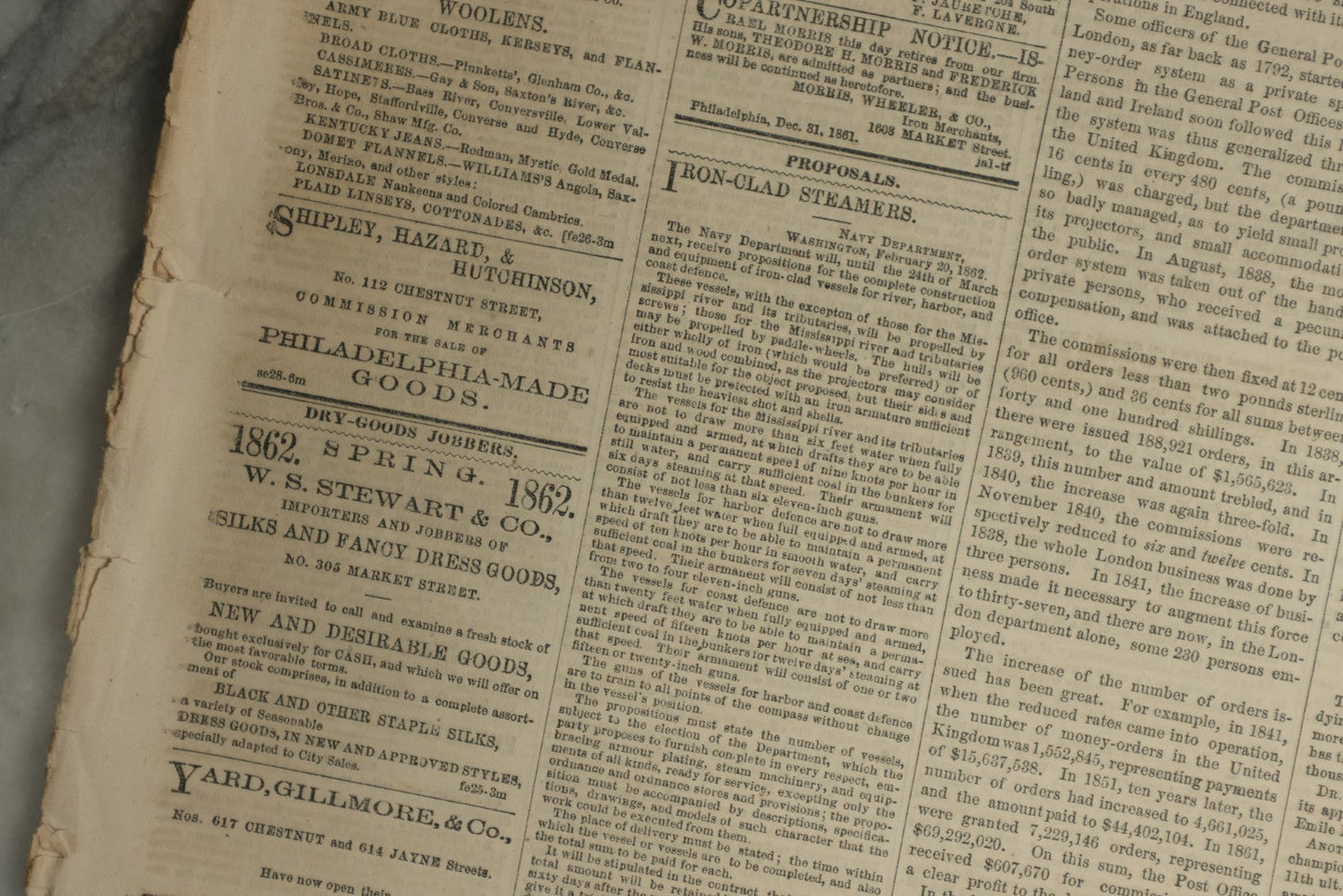 Lot 152 - Grouping Of Five Antique Civil War Era Newspapers “The Press,” Philadelphia, March 1862, With Reports On Rebel Retreat From Manassas, Occupation Of Winchester, Ironclad Steamers, General Burnside, And More