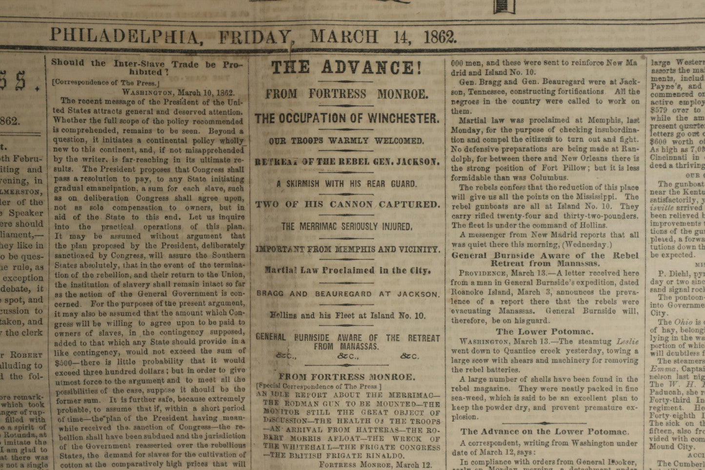 Lot 152 - Grouping Of Five Antique Civil War Era Newspapers “The Press,” Philadelphia, March 1862, With Reports On Rebel Retreat From Manassas, Occupation Of Winchester, Ironclad Steamers, General Burnside, And More