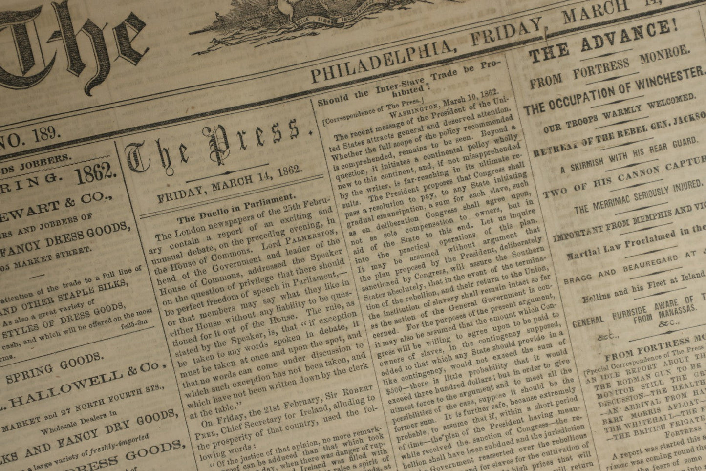 Lot 152 - Grouping Of Five Antique Civil War Era Newspapers “The Press,” Philadelphia, March 1862, With Reports On Rebel Retreat From Manassas, Occupation Of Winchester, Ironclad Steamers, General Burnside, And More