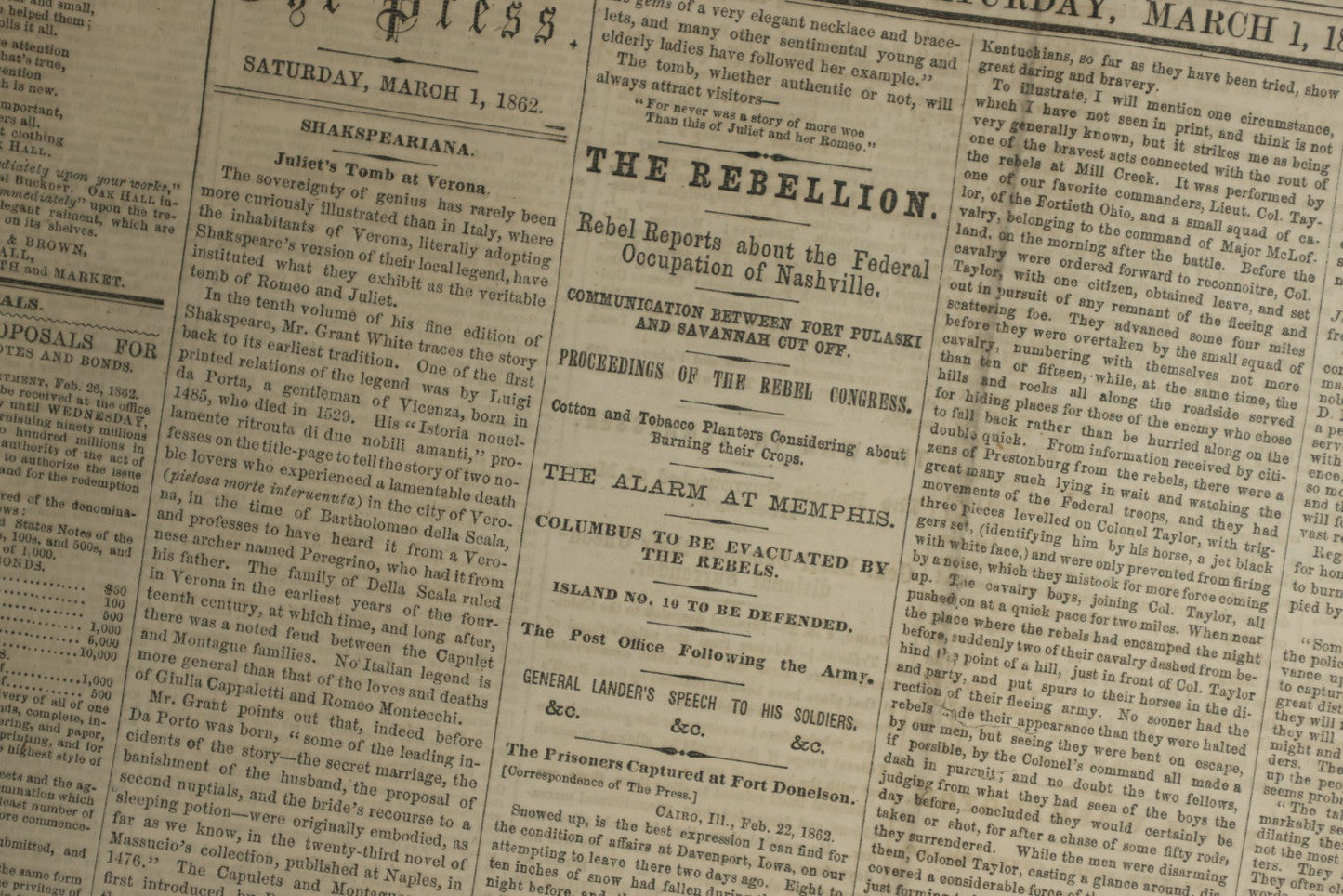 Lot 152 - Grouping Of Five Antique Civil War Era Newspapers “The Press,” Philadelphia, March 1862, With Reports On Rebel Retreat From Manassas, Occupation Of Winchester, Ironclad Steamers, General Burnside, And More