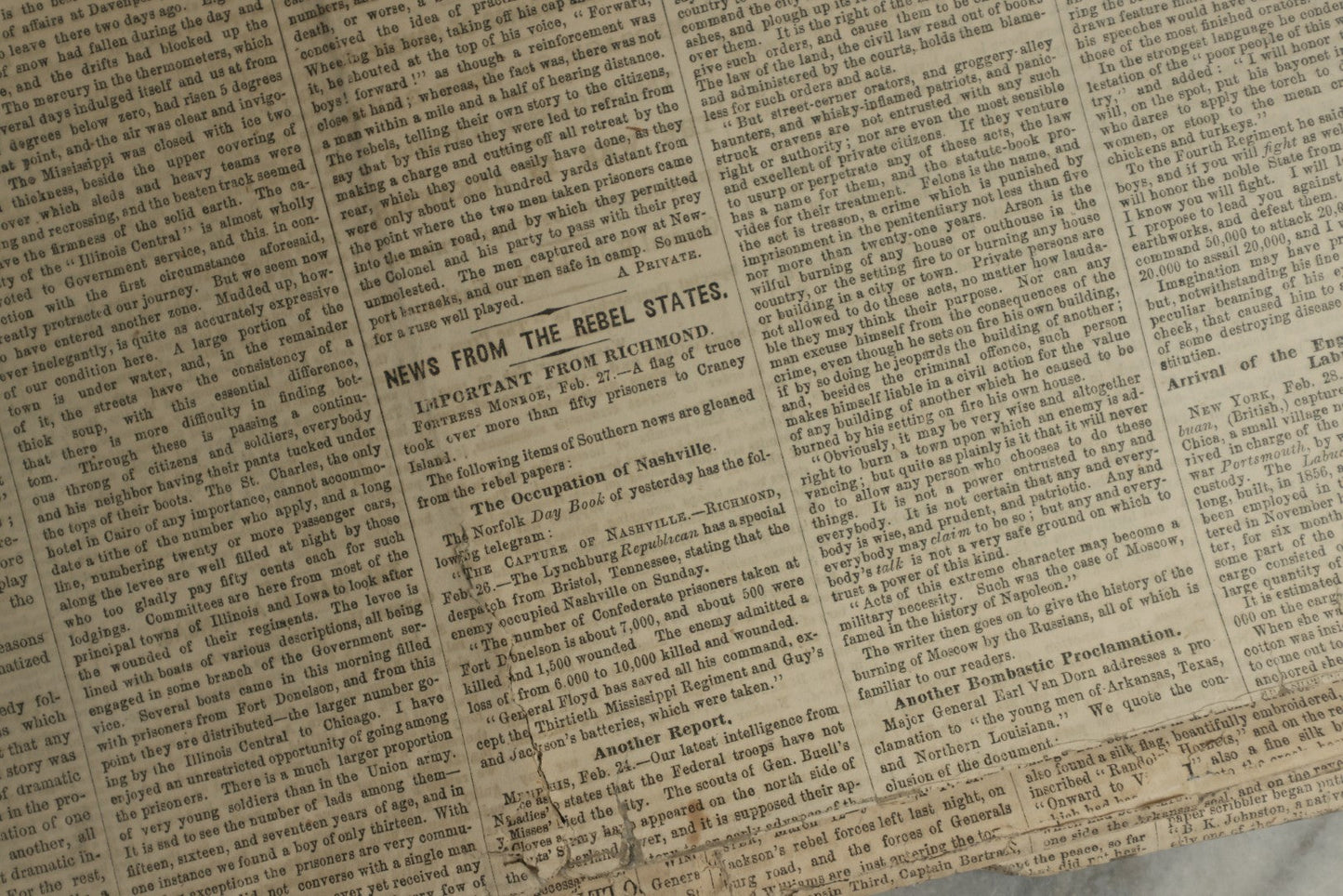 Lot 152 - Grouping Of Five Antique Civil War Era Newspapers “The Press,” Philadelphia, March 1862, With Reports On Rebel Retreat From Manassas, Occupation Of Winchester, Ironclad Steamers, General Burnside, And More