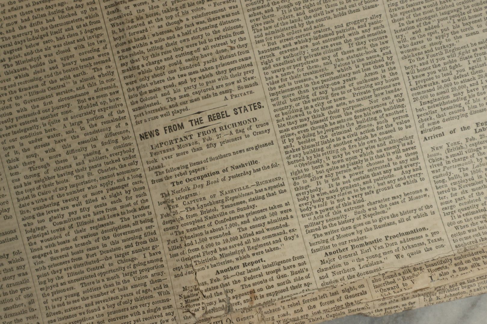 Lot 152 - Grouping Of Five Antique Civil War Era Newspapers “The Press,” Philadelphia, March 1862, With Reports On Rebel Retreat From Manassas, Occupation Of Winchester, Ironclad Steamers, General Burnside, And More