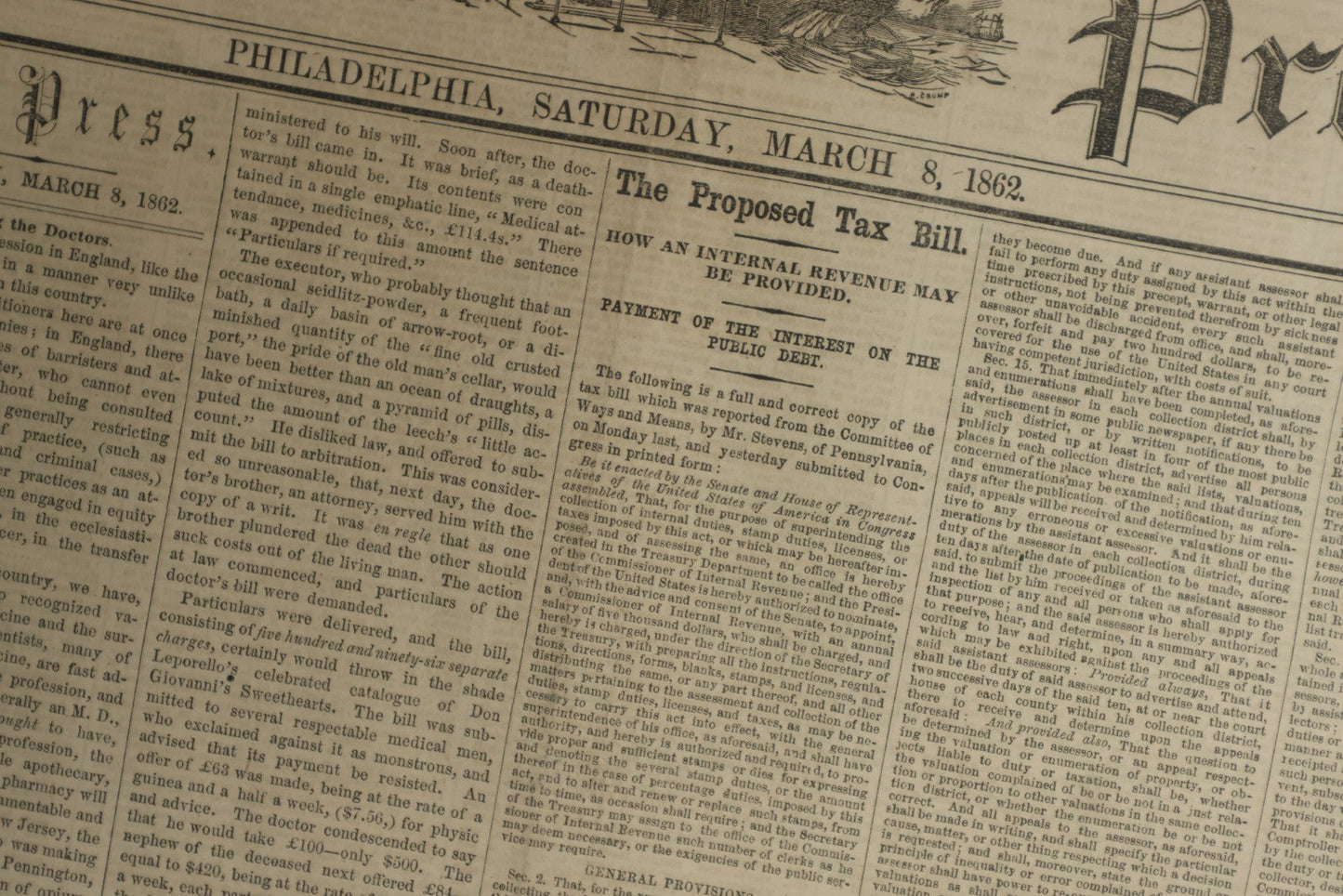 Lot 152 - Grouping Of Five Antique Civil War Era Newspapers “The Press,” Philadelphia, March 1862, With Reports On Rebel Retreat From Manassas, Occupation Of Winchester, Ironclad Steamers, General Burnside, And More