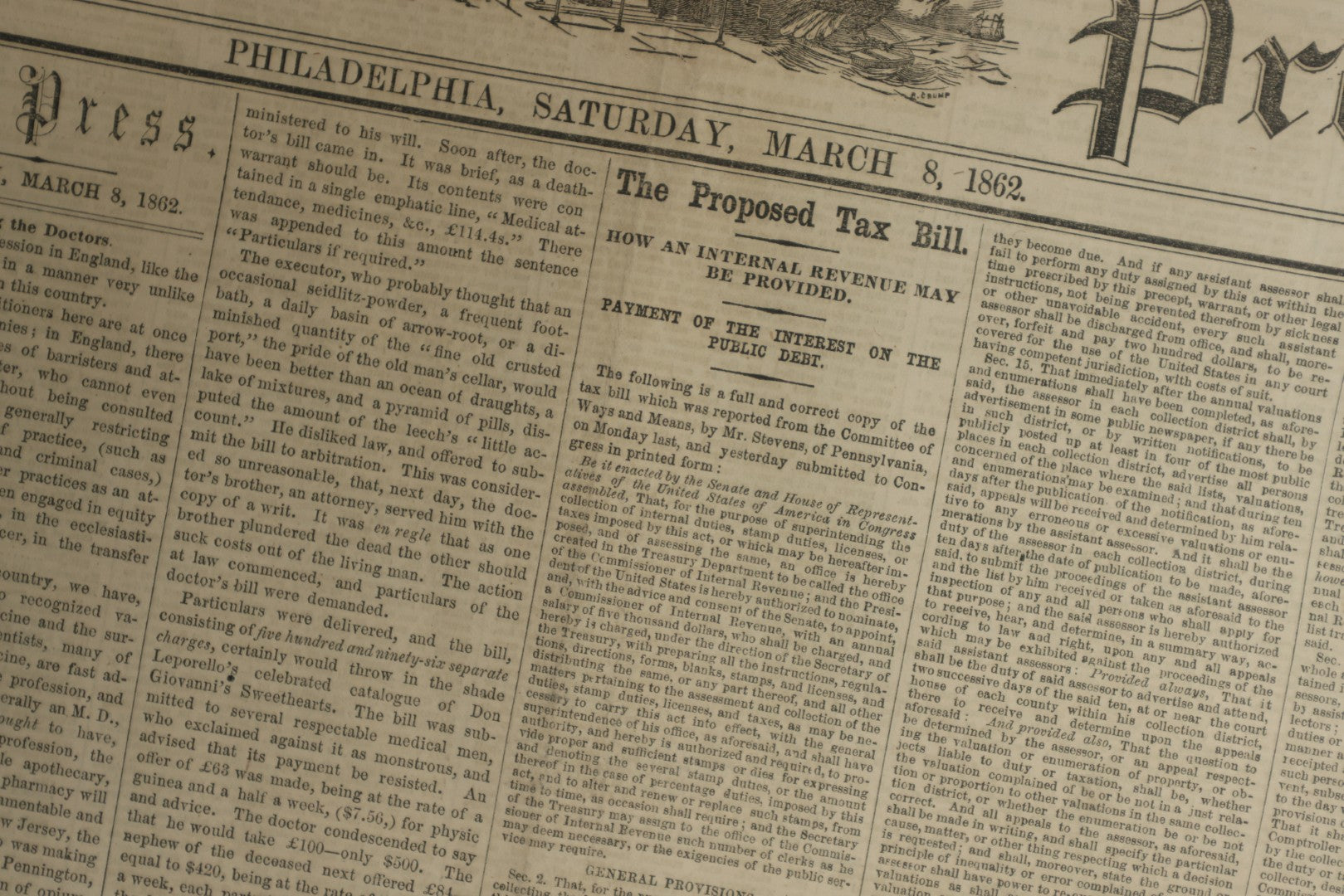 Lot 152 - Grouping Of Five Antique Civil War Era Newspapers “The Press,” Philadelphia, March 1862, With Reports On Rebel Retreat From Manassas, Occupation Of Winchester, Ironclad Steamers, General Burnside, And More