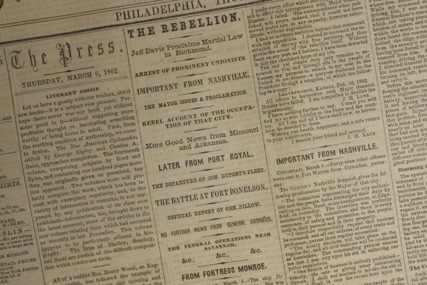 Lot 152 - Grouping Of Five Antique Civil War Era Newspapers “The Press,” Philadelphia, March 1862, With Reports On Rebel Retreat From Manassas, Occupation Of Winchester, Ironclad Steamers, General Burnside, And More