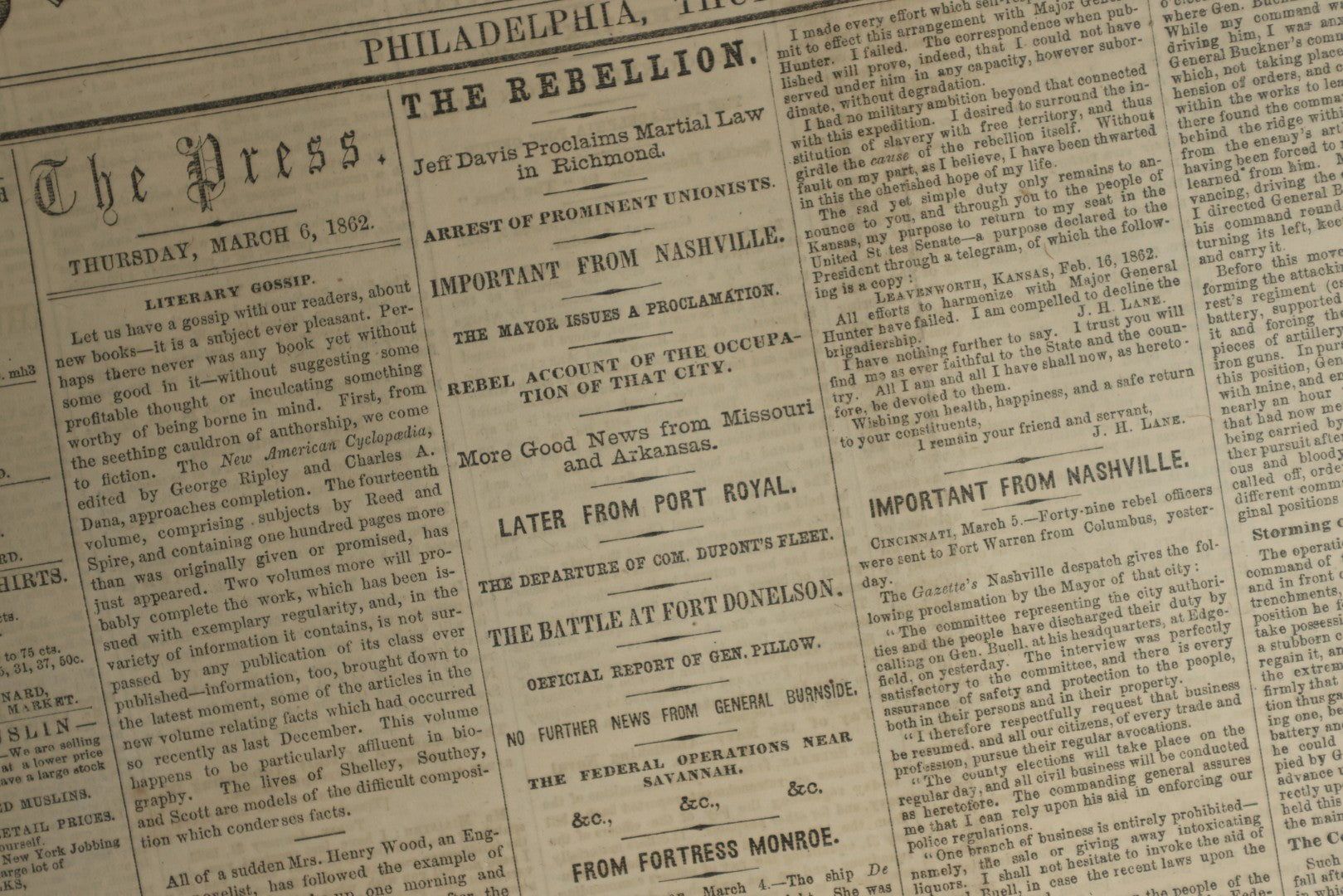 Lot 152 - Grouping Of Five Antique Civil War Era Newspapers “The Press,” Philadelphia, March 1862, With Reports On Rebel Retreat From Manassas, Occupation Of Winchester, Ironclad Steamers, General Burnside, And More