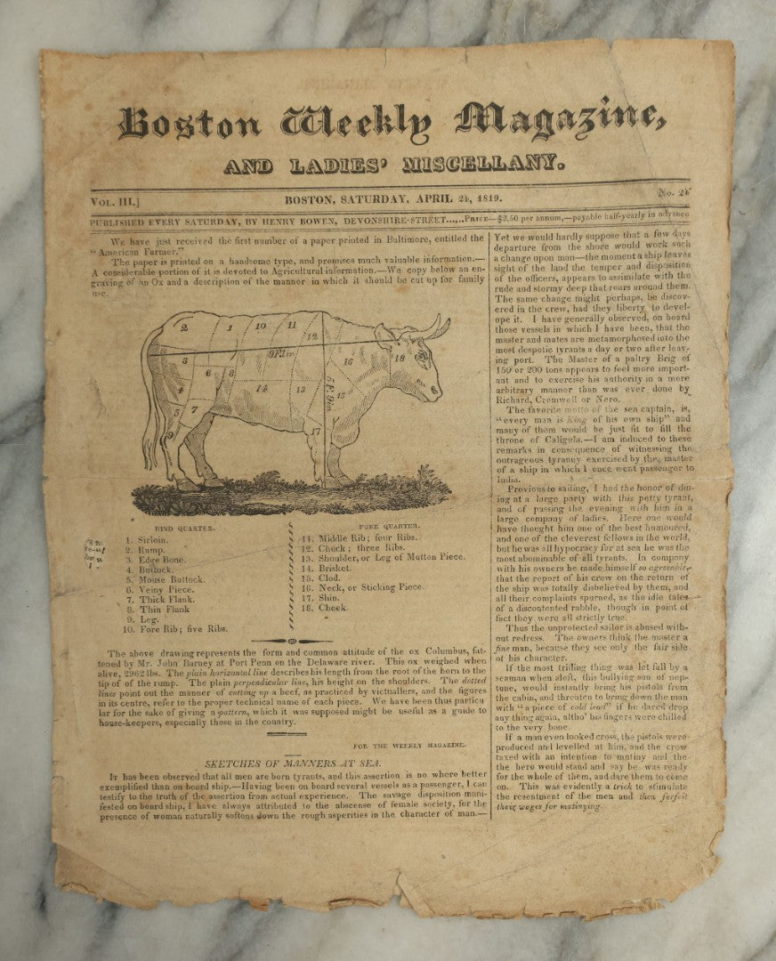 Lot 153 - Antique Newspaper “Boston Weekly Magazine And Ladies' Miscellany,” April 24, 1819, With Agricultural Engraving Of Ox And Butchering Diagram
