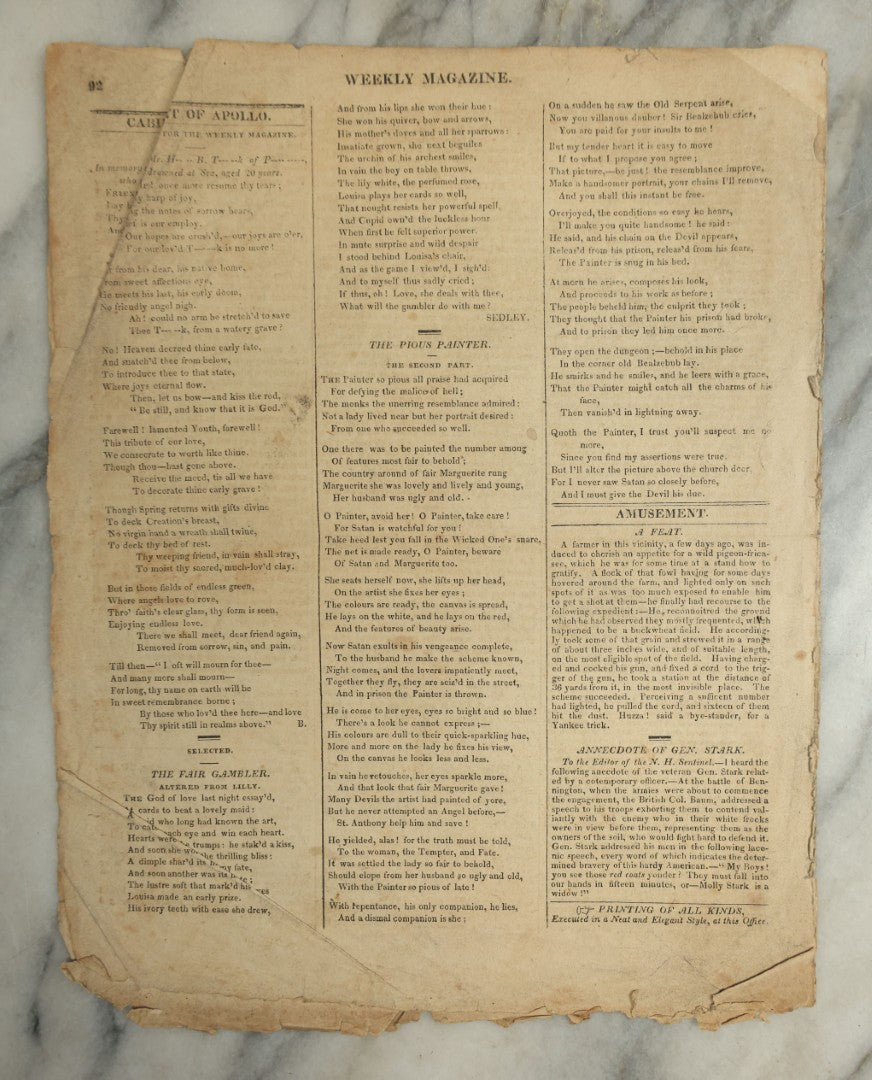Lot 153 - Antique Newspaper “Boston Weekly Magazine And Ladies' Miscellany,” April 24, 1819, With Agricultural Engraving Of Ox And Butchering Diagram