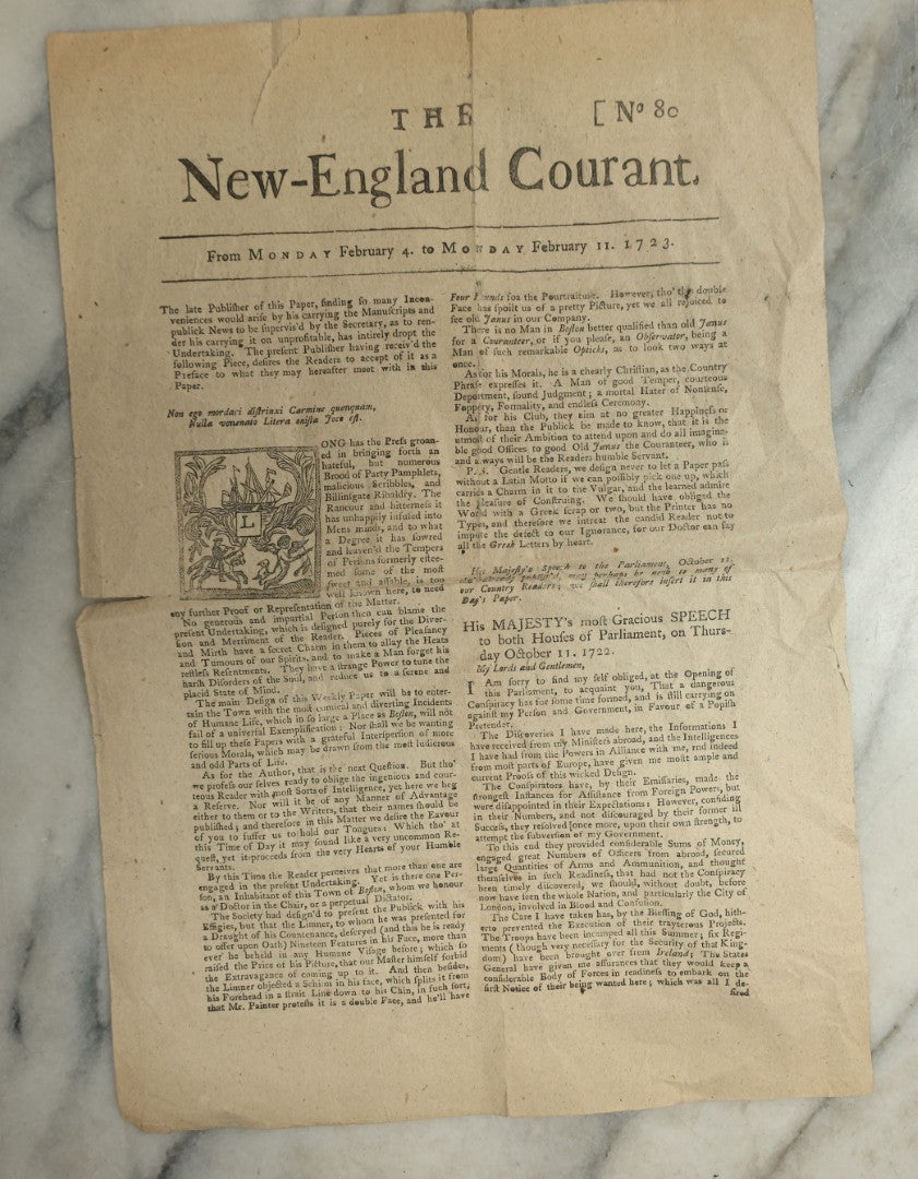 Lot 154 - Antique Facsimile Newspaper “The New-England Courant,” February 4–11, 1723, Printed September 17, 1856 On Benjamin Franklin's Press