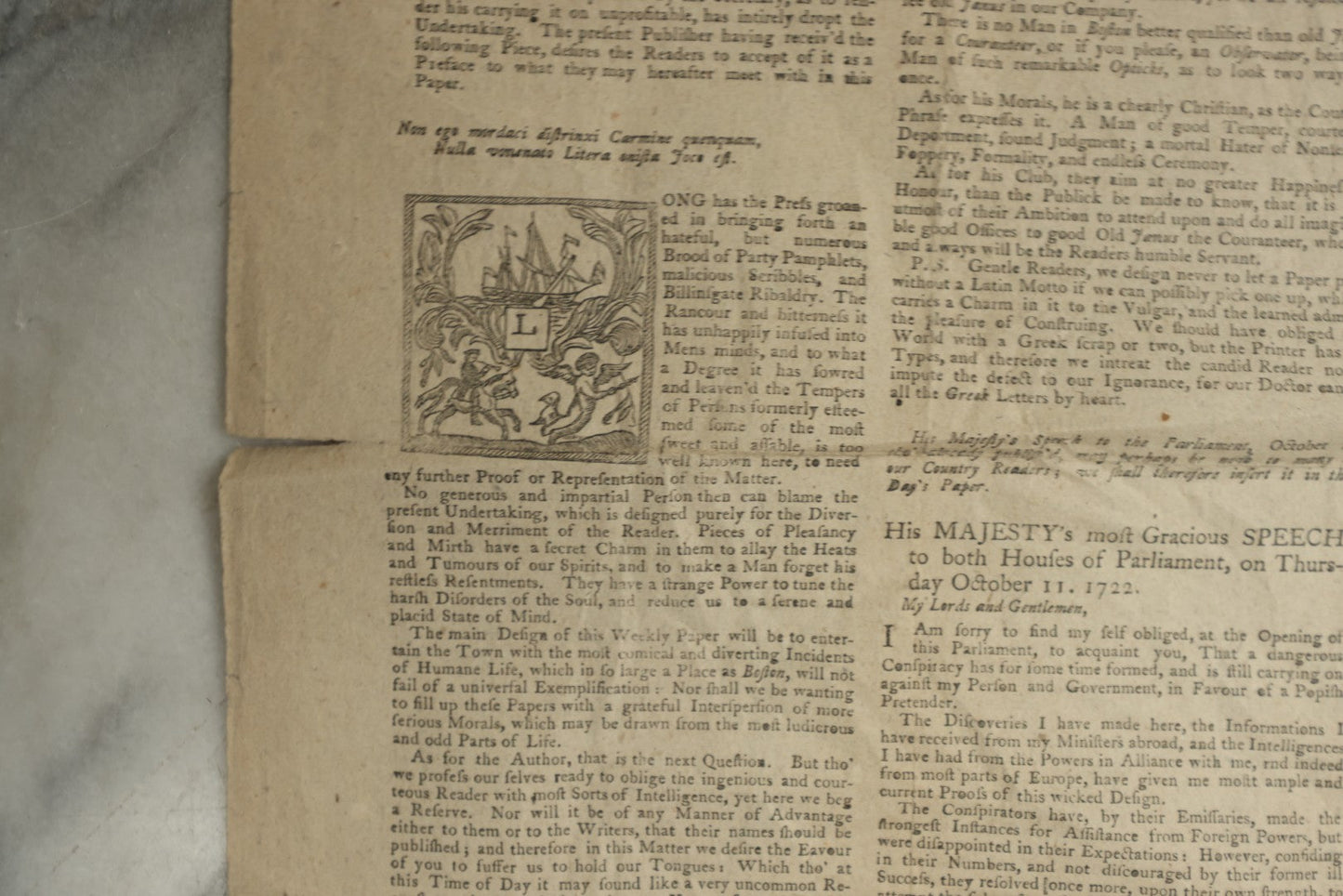 Lot 154 - Antique Facsimile Newspaper “The New-England Courant,” February 4–11, 1723, Printed September 17, 1856 On Benjamin Franklin's Press