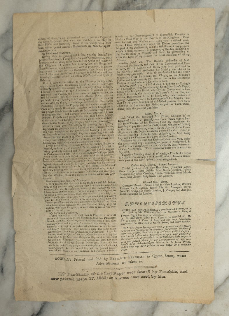 Lot 154 - Antique Facsimile Newspaper “The New-England Courant,” February 4–11, 1723, Printed September 17, 1856 On Benjamin Franklin's Press