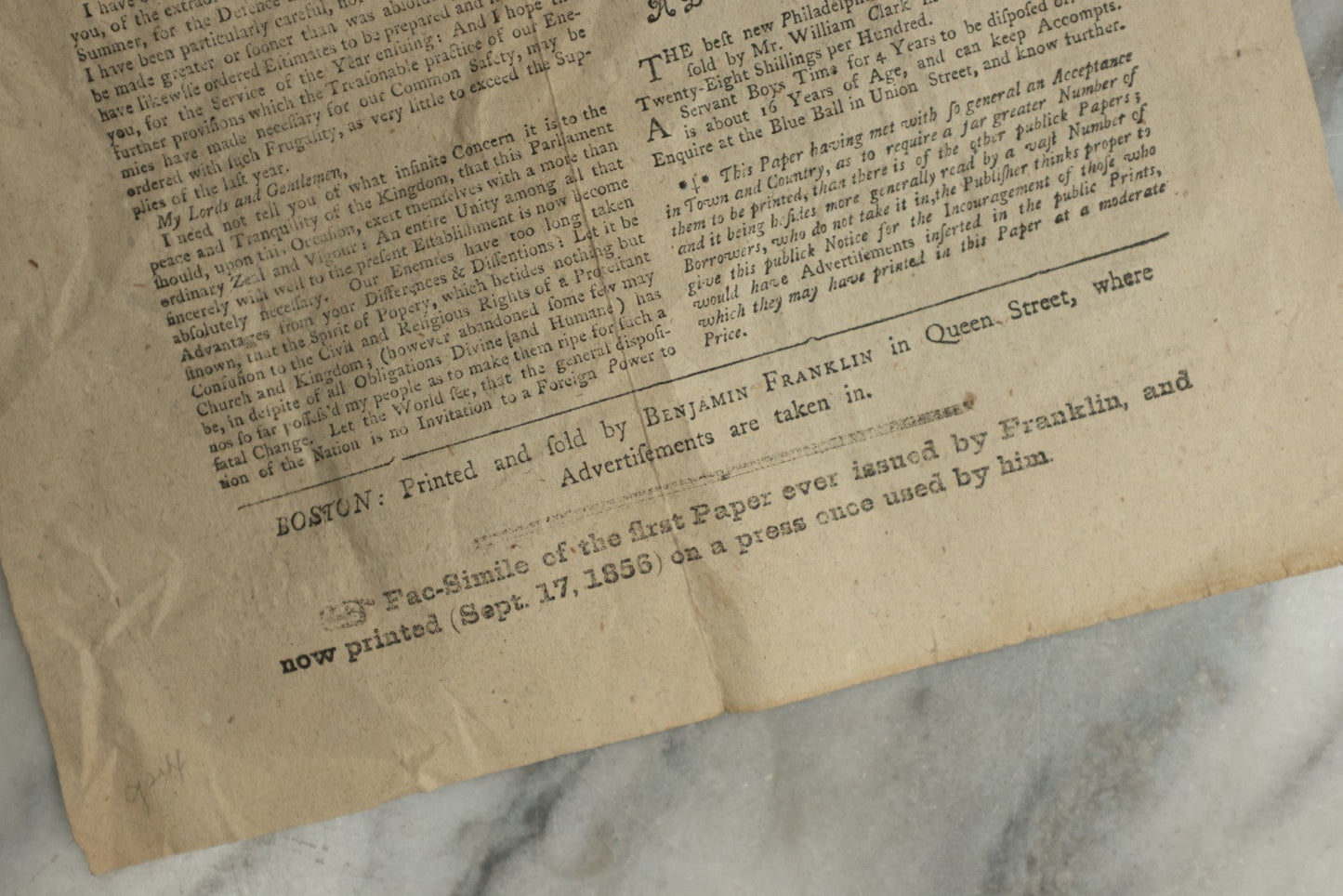 Lot 154 - Antique Facsimile Newspaper “The New-England Courant,” February 4–11, 1723, Printed September 17, 1856 On Benjamin Franklin's Press