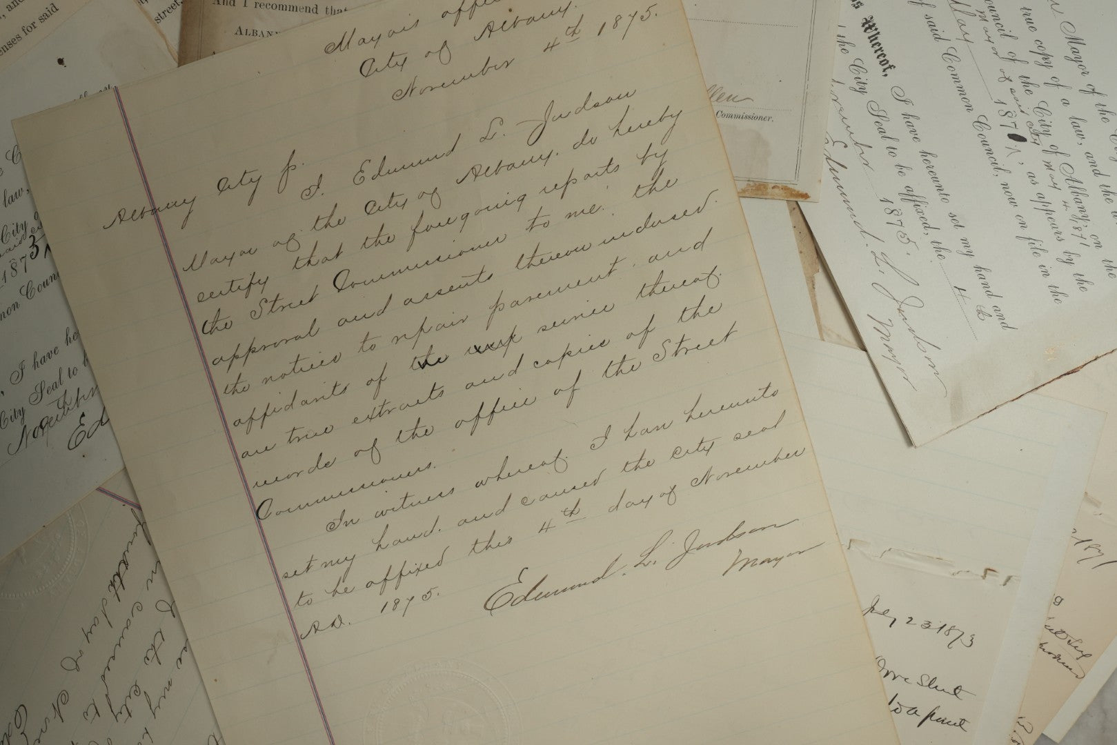 Lot 155 - Grouping Of 10+ Antique Documents Signed By Albany Mayor Edmund L. Judson (1874–1876)