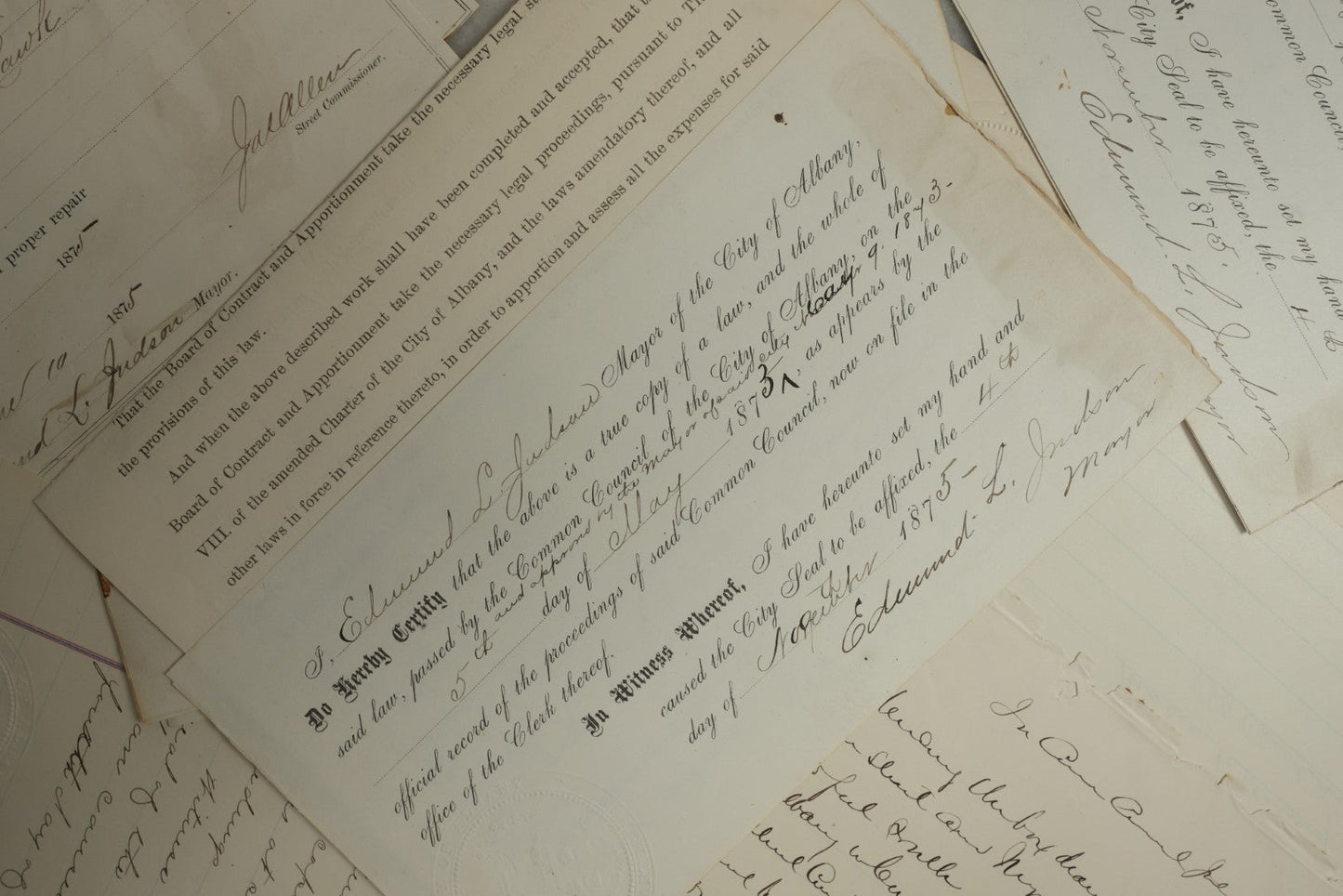 Lot 155 - Grouping Of 10+ Antique Documents Signed By Albany Mayor Edmund L. Judson (1874–1876)