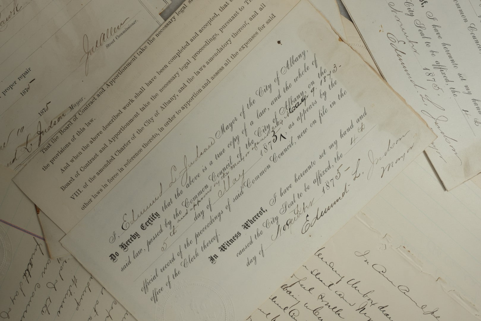 Lot 155 - Grouping Of 10+ Antique Documents Signed By Albany Mayor Edmund L. Judson (1874–1876)