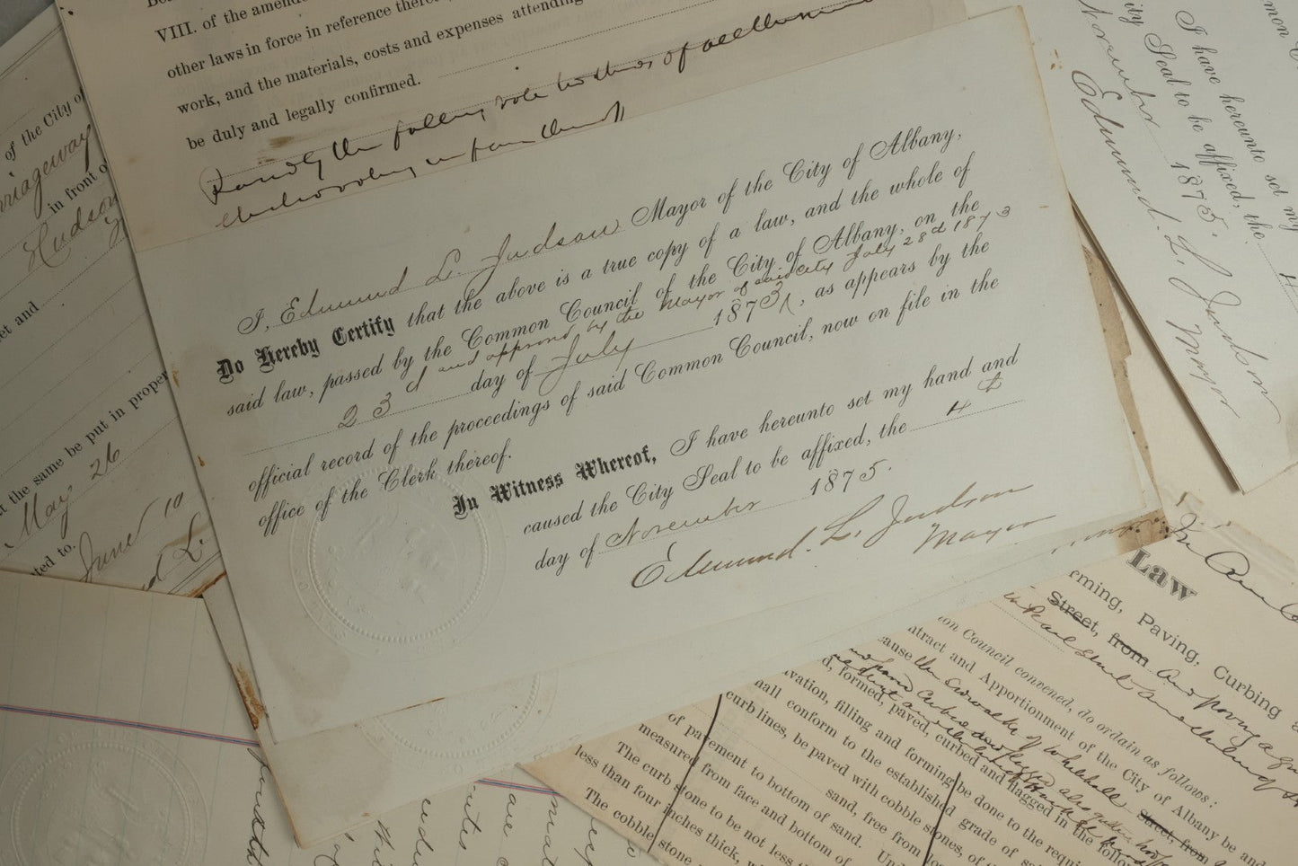 Lot 155 - Grouping Of 10+ Antique Documents Signed By Albany Mayor Edmund L. Judson (1874–1876)