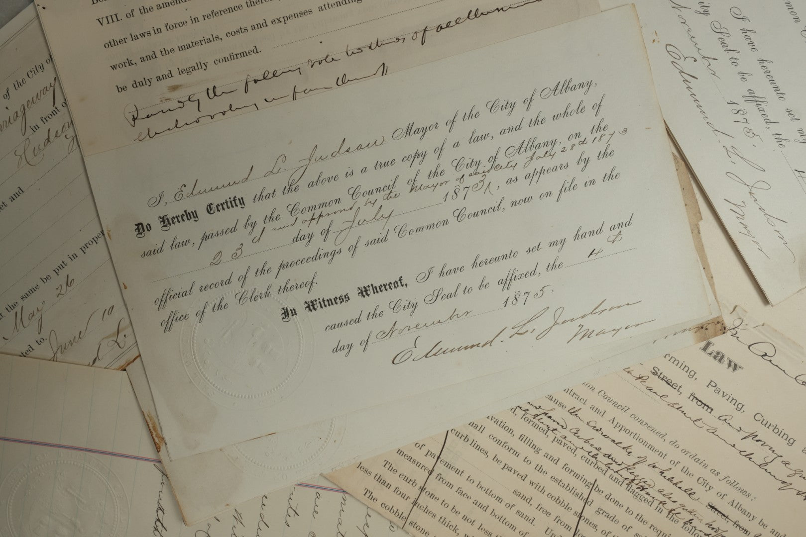 Lot 155 - Grouping Of 10+ Antique Documents Signed By Albany Mayor Edmund L. Judson (1874–1876)