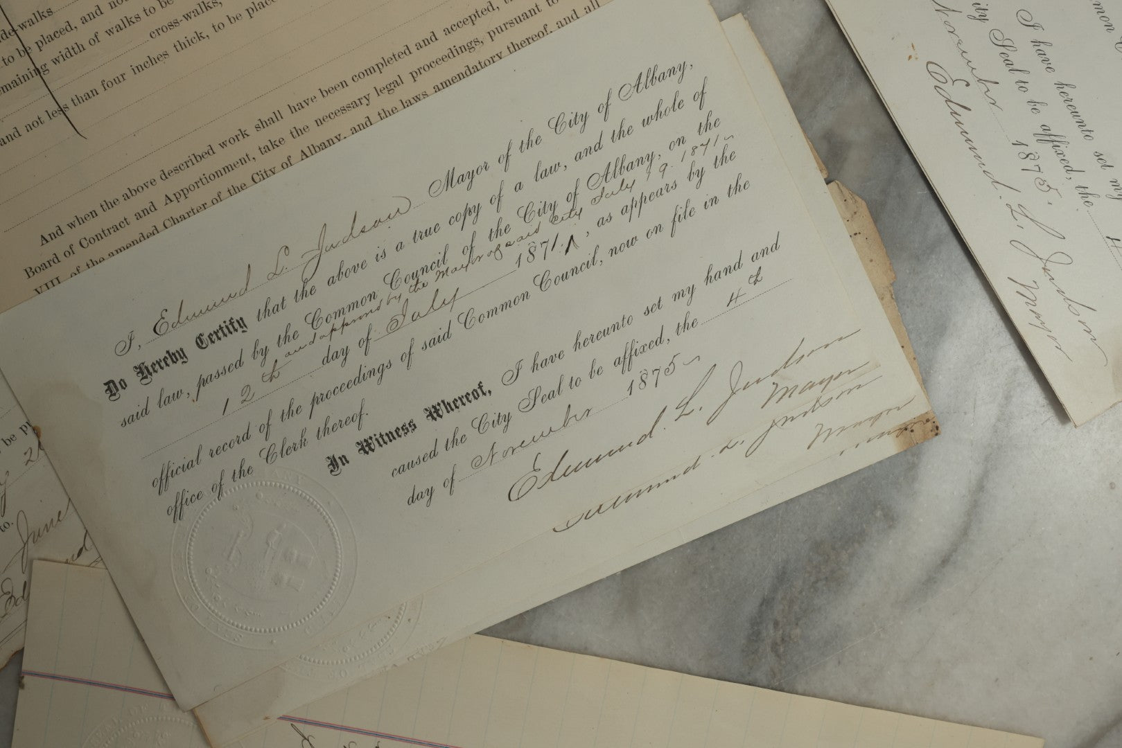 Lot 155 - Grouping Of 10+ Antique Documents Signed By Albany Mayor Edmund L. Judson (1874–1876)
