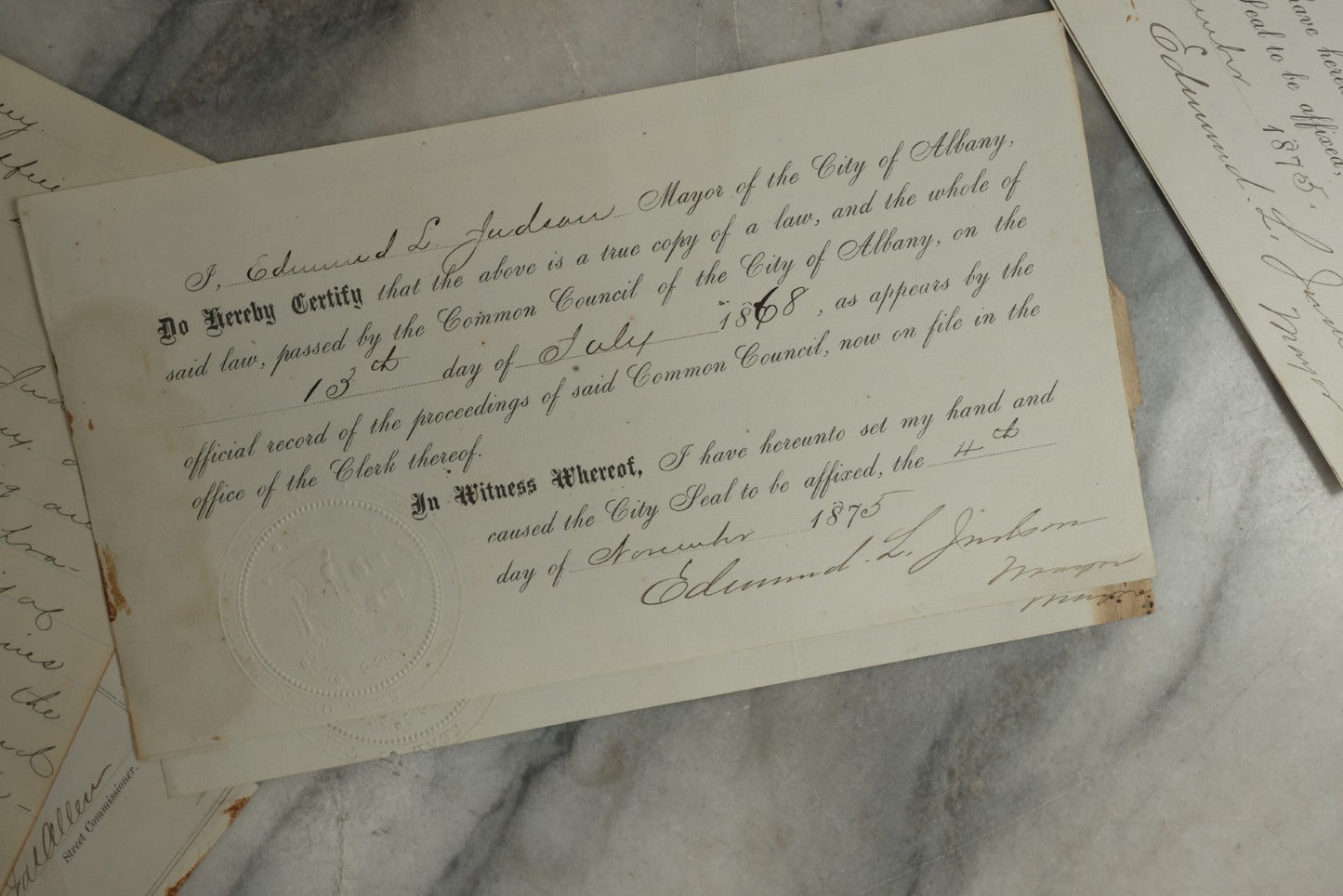 Lot 155 - Grouping Of 10+ Antique Documents Signed By Albany Mayor Edmund L. Judson (1874–1876)