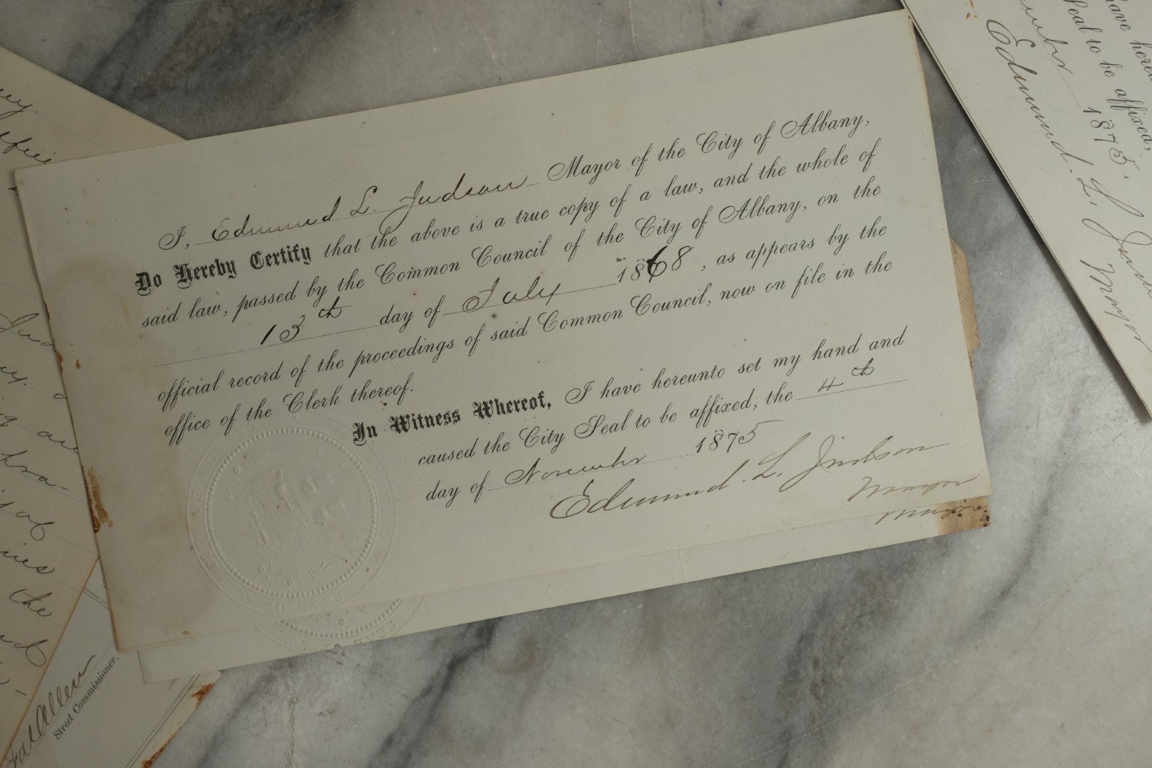 Lot 155 - Grouping Of 10+ Antique Documents Signed By Albany Mayor Edmund L. Judson (1874–1876)