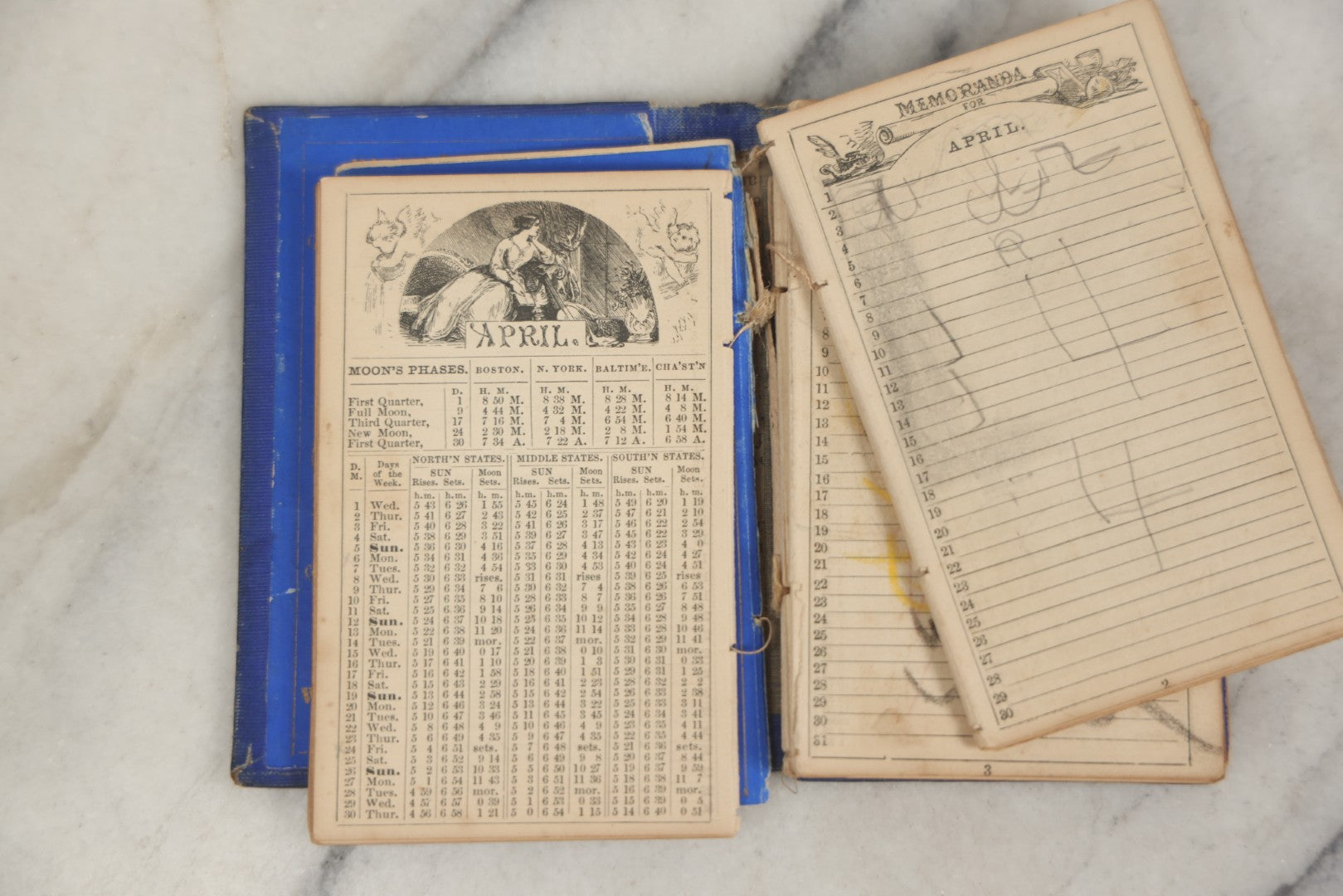 Lot 180 - Pair Of Antique Pocket Almanac Books, Including "Lady's Almanac For The Year 1857" With Brilliant Blue Full Page Advertisements, And "The Boston Almanac" For 1848 With Fold-Out Map Of Boston