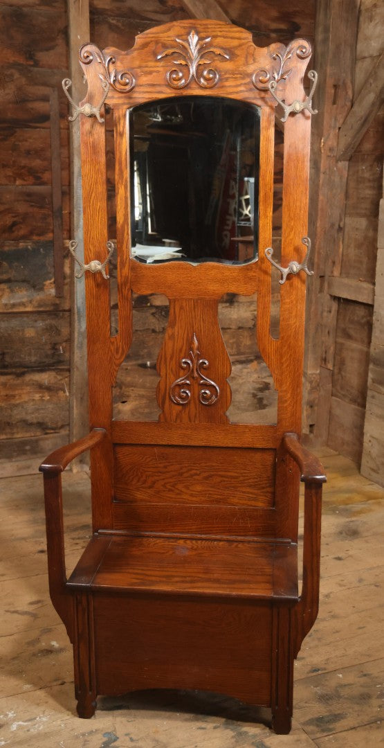 Antique Oak Hall Tree With Mirror And Storage Bench, Carved Scrollwork, Original Hardware, Circa Early 20th Century