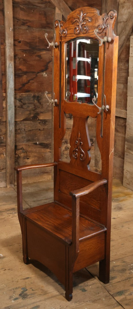 Antique Oak Hall Tree With Mirror And Storage Bench, Carved Scrollwork, Original Hardware, Circa Early 20th Century