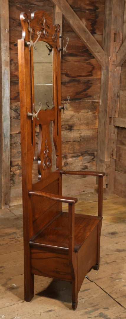 Antique Oak Hall Tree With Mirror And Storage Bench, Carved Scrollwork, Original Hardware, Circa Early 20th Century
