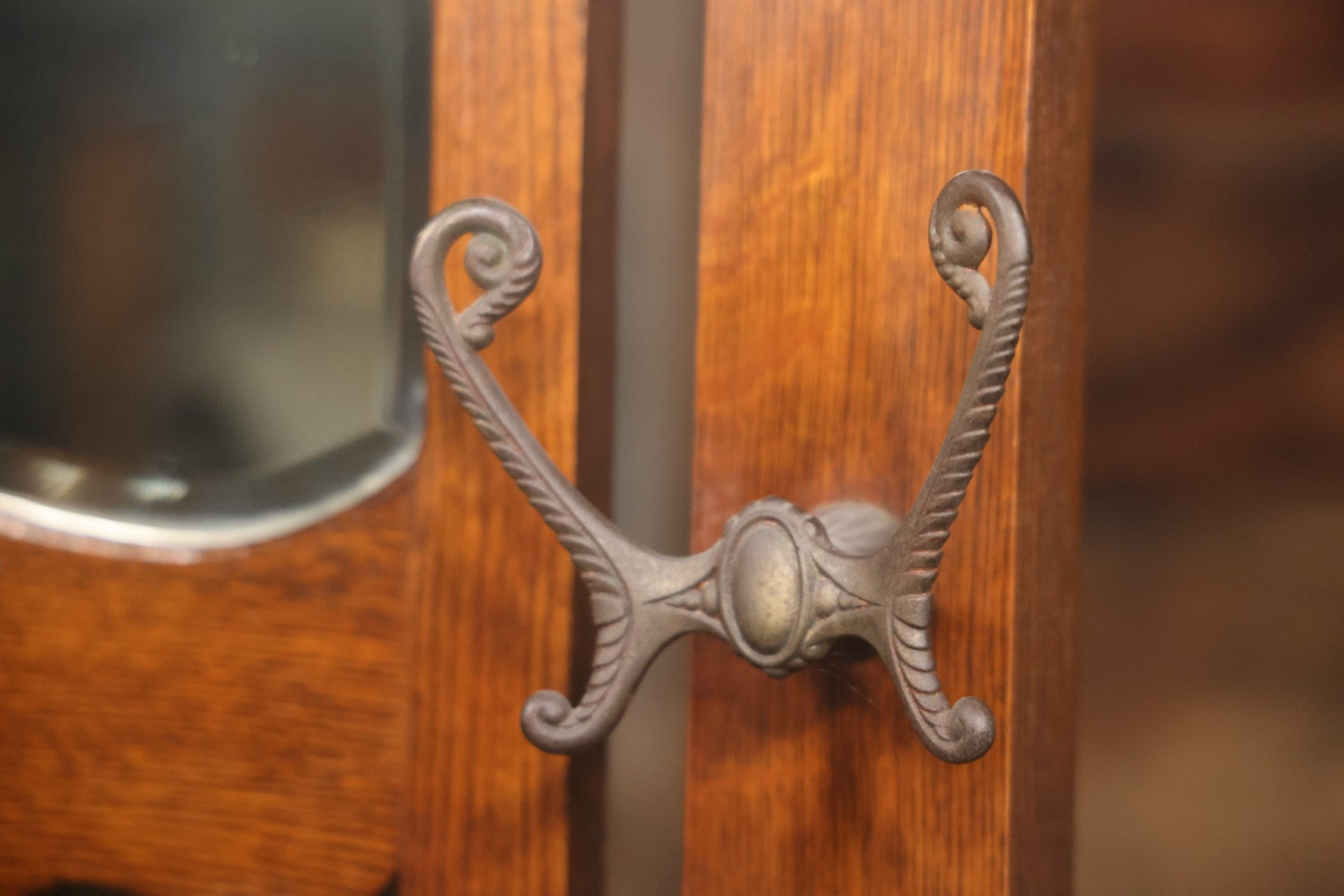 Antique Oak Hall Tree With Mirror And Storage Bench, Carved Scrollwork, Original Hardware, Circa Early 20th Century