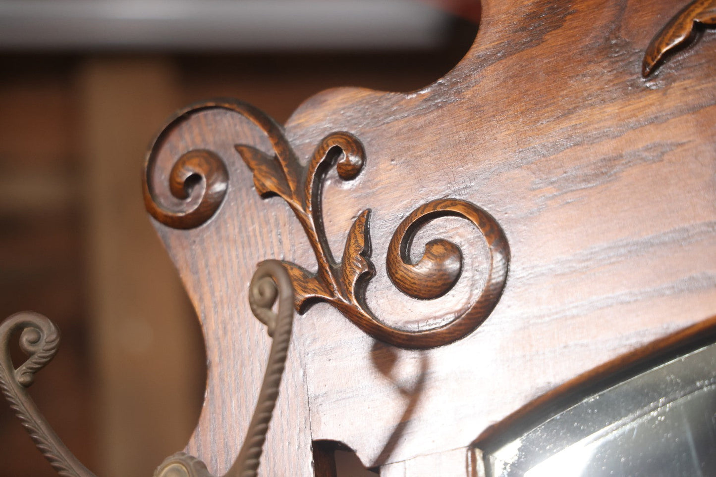 Antique Oak Hall Tree With Mirror And Storage Bench, Carved Scrollwork, Original Hardware, Circa Early 20th Century